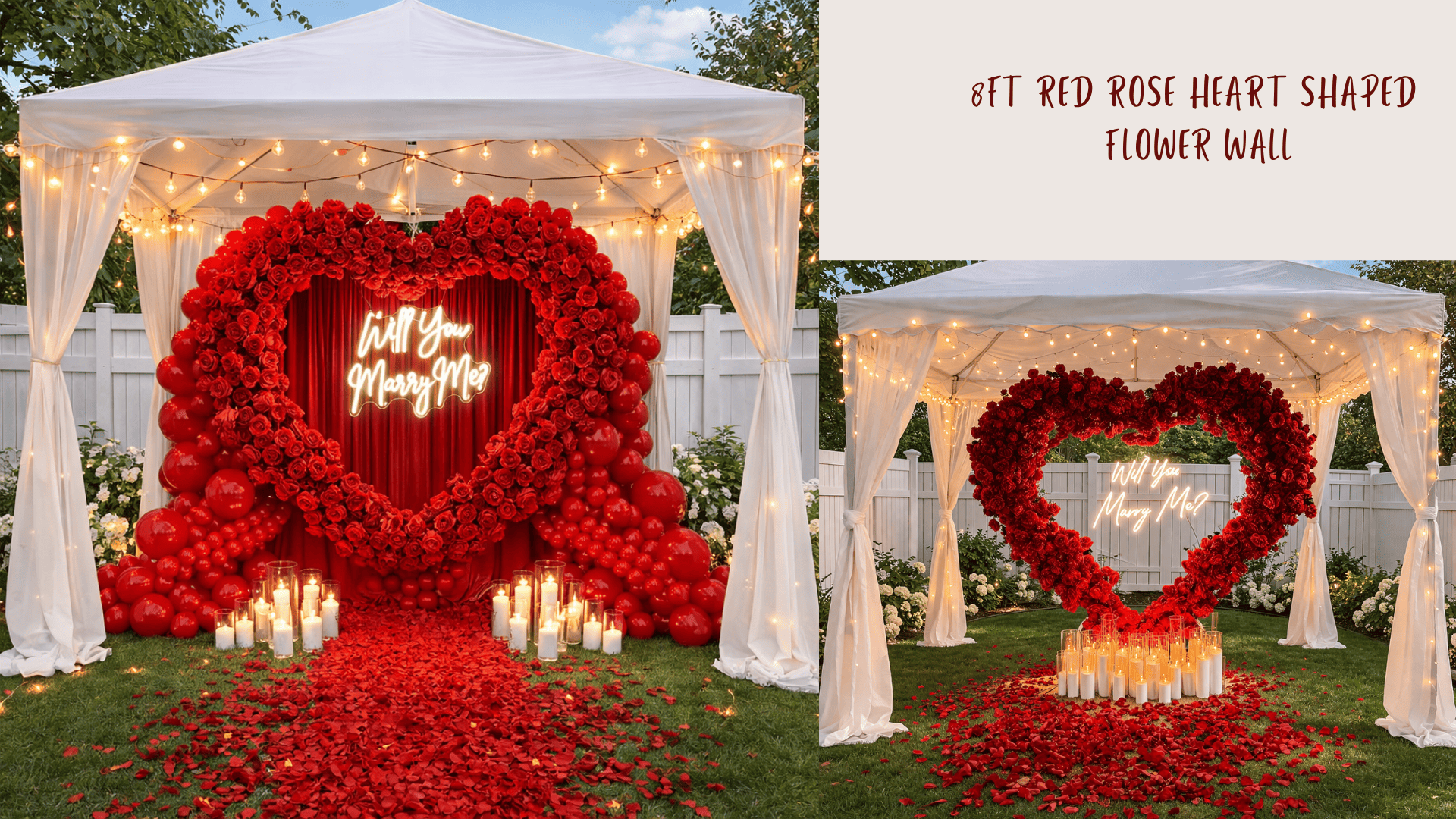 A romantic outdoor wedding setup with a white canopy decorated with string lights. Inside, there is a large heart-shaped wall made of red roses and balloons with a neon sign saying 'Will You Marry Me?' Behind the heart, a red curtain hangs. Candles are placed on the ground in front of the heart. Red rose petals are sprinkled along the grass leading to the display.