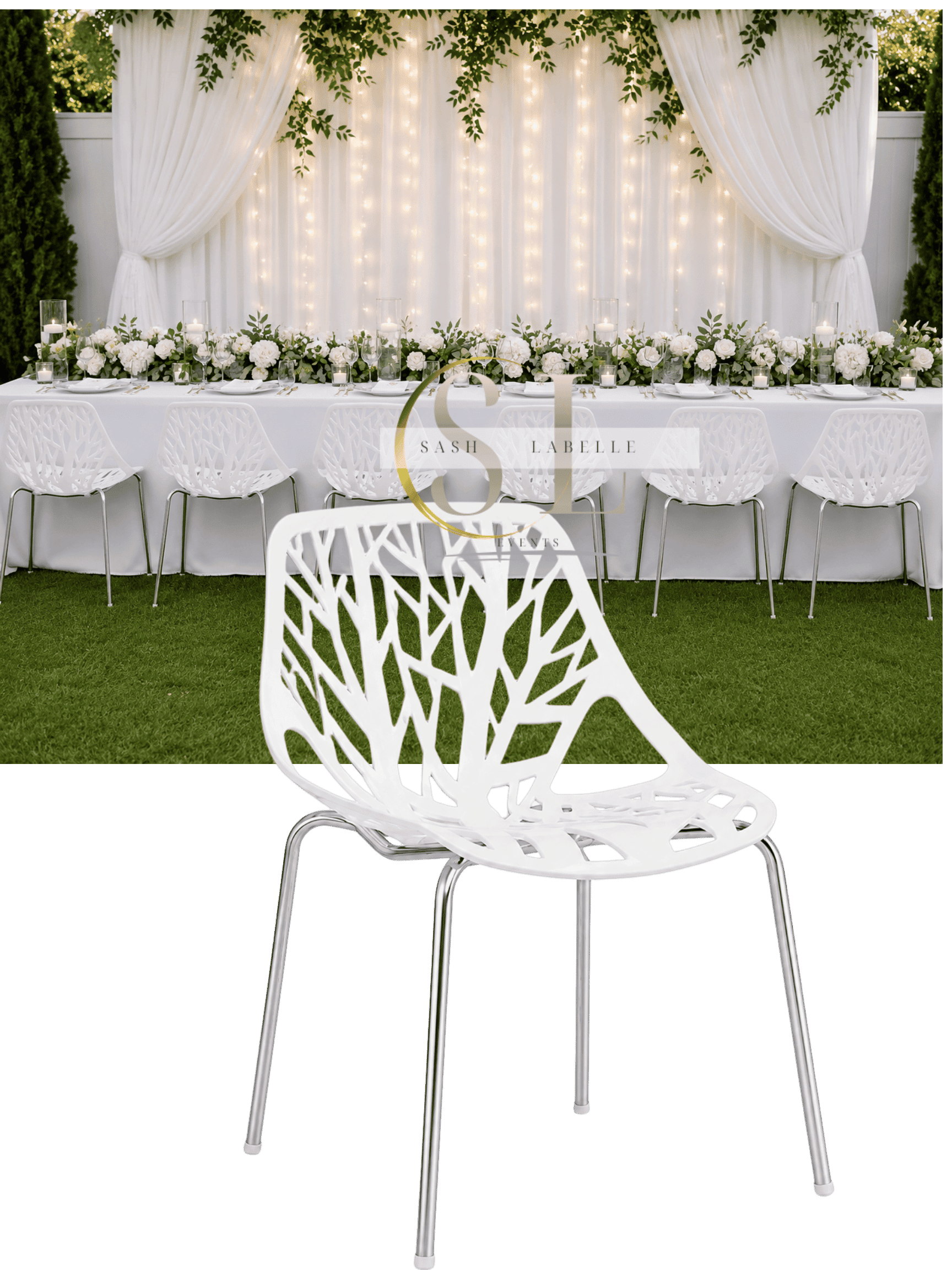 A white ornate chair with cut-out leaf pattern, plastic legs, placed on green grass in front of a wedding table with white tablecloth, floral centerpiece, candles, and a backdrop of white curtains with fairy lights and greenery.