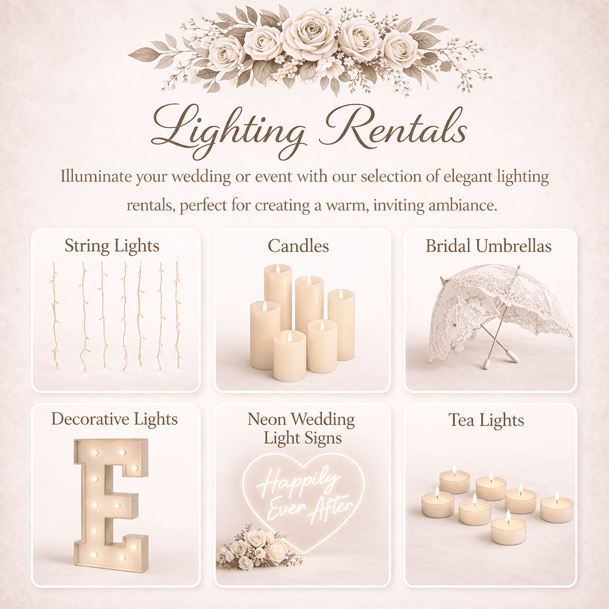 Wedding lighting rental advertisement featuring string lights, candles, bridal umbrellas, decorative light letter E, neon wedding sign, and tea lights with floral and elegant background.