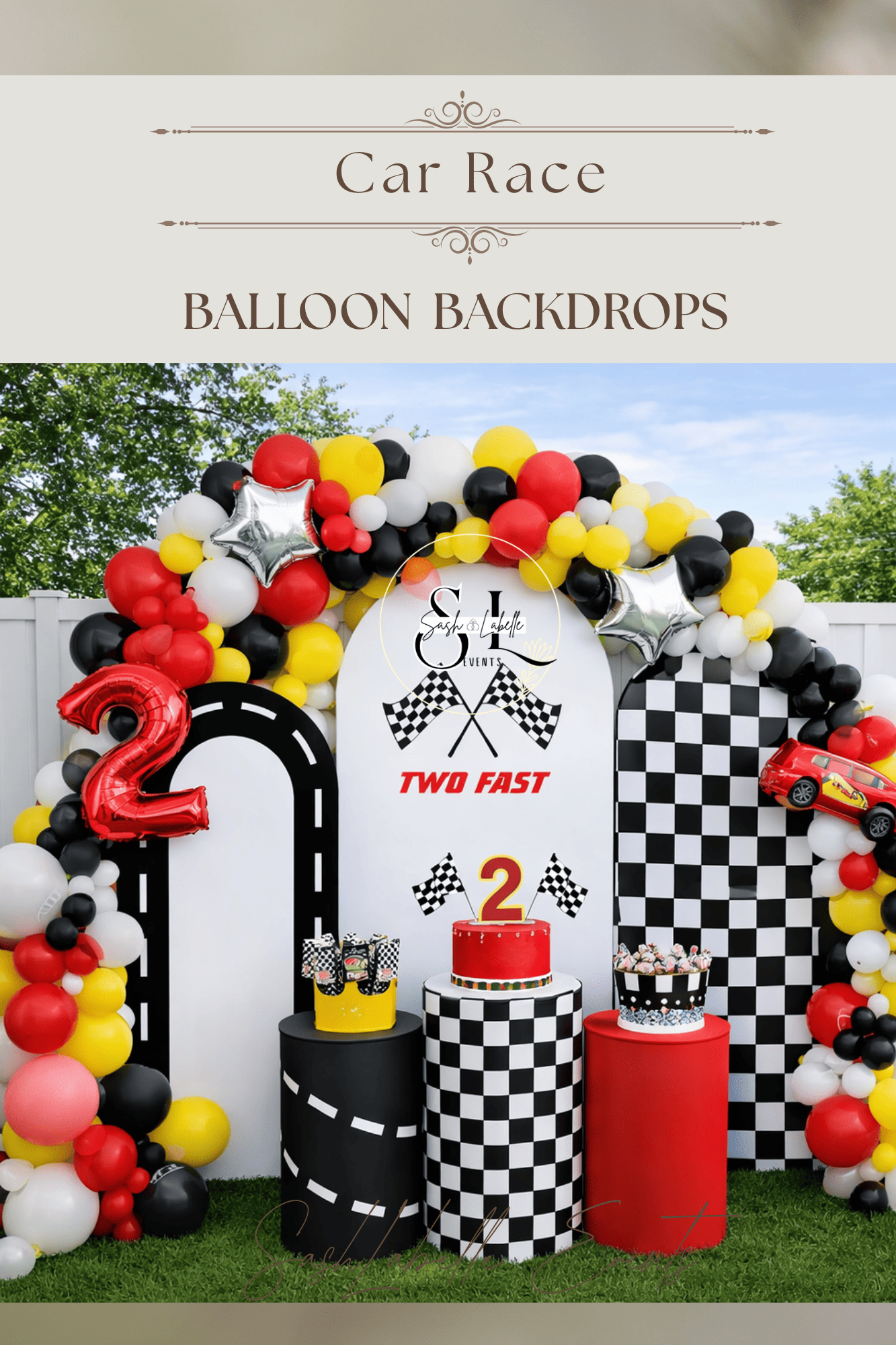 Colorful car racing birthday backdrop with balloons, checkered flags, racing themed decorations, and a cake with the number 2 for a celebration.