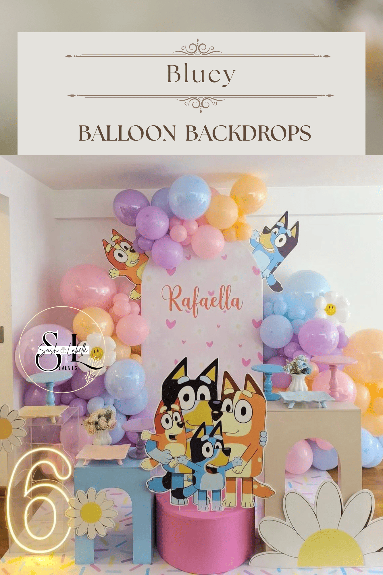 Colorful birthday backdrop with cartoon dog characters, balloons in pastel colors, and floral decorations, with a sign that reads 'Rafaella' and the numbers 5 and 6.