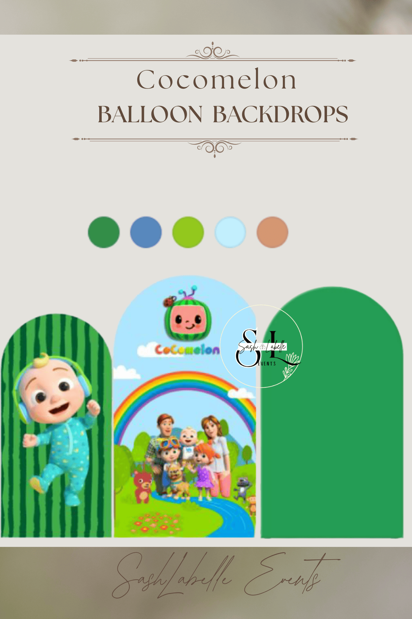A colorful display for Cocomelon balloon backdrops featuring animated characters, rainbows, a family, and various playful elements, with swatches of different colors at the top.