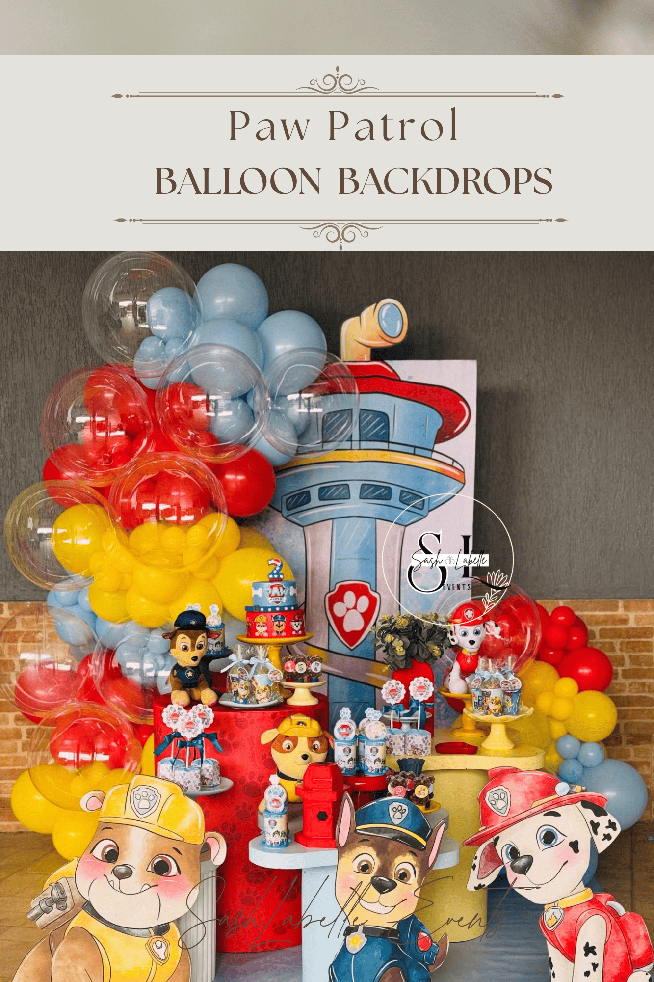 A colorful Paw Patrol themed birthday party decoration with balloons, character cutouts, and themed treats.