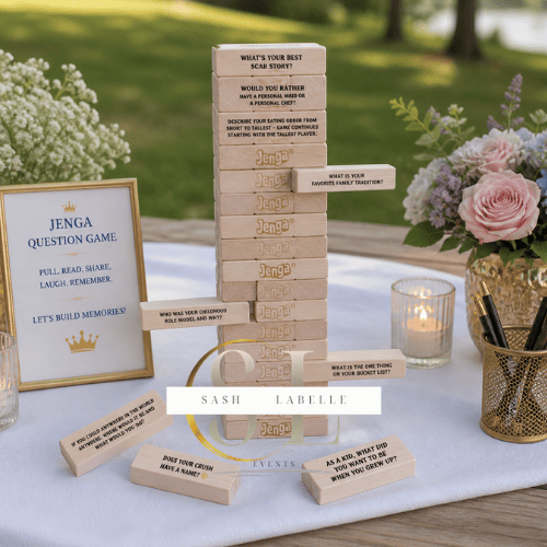 Jenga game set up outdoors on a white table, with questions written on the blocks; some blocks have prompts like "Describe your first date from short to tall..." and "What is the one thing on your bucket list?"; an additional Jenga set, a framed sign