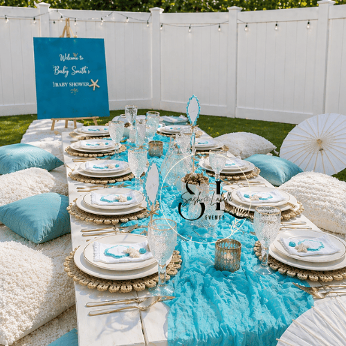 Outdoor baby shower table setting with aqua blue and white decorations, plates, glasses, and pillows, and a sign reading "Welcome to Baby Smith's Baby Shower."