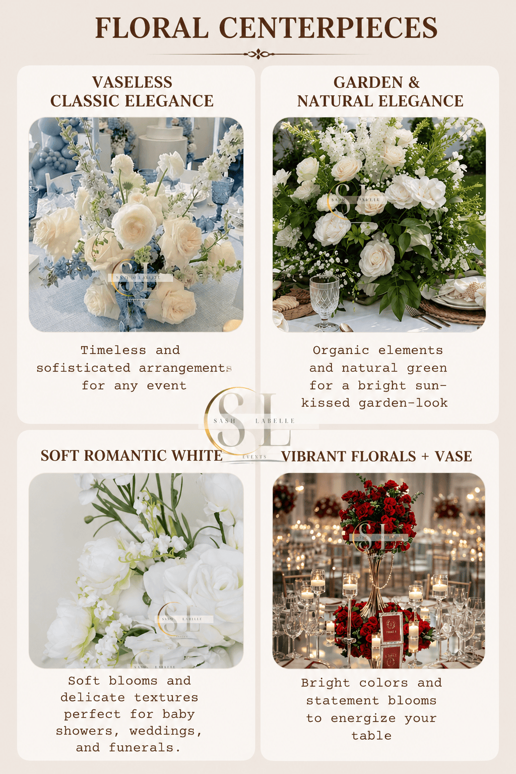 Florist display featuring four types of floral centerpieces: classical elegance with white roses and flowers, garden and natural elegance with white roses and lush greenery, soft romantic white with delicate blooms, and vibrant floral with red roses and candles, arranged for events.