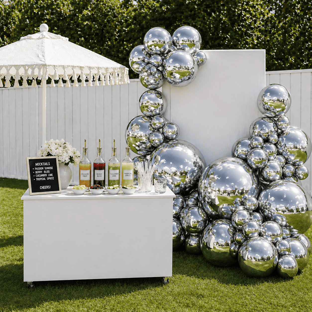 Outdoor bar setup with a white counter, bottles of flavored syrup, bowls of fruit, and a blackboard menu, surrounded by silver balloons and a white fence