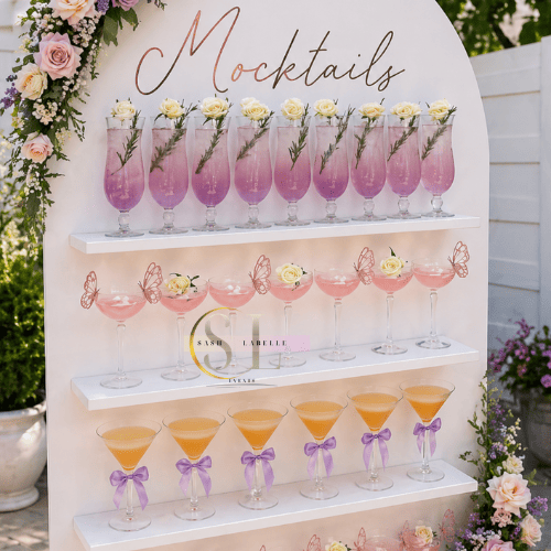 A display of mocktail drinks arranged on a white stand with three shelves. The top shelf has tall pink drinks garnished with white flowers and small greenery. The middle shelf has pink drinks with butterfly decorations and lemon slices. The bottom sh