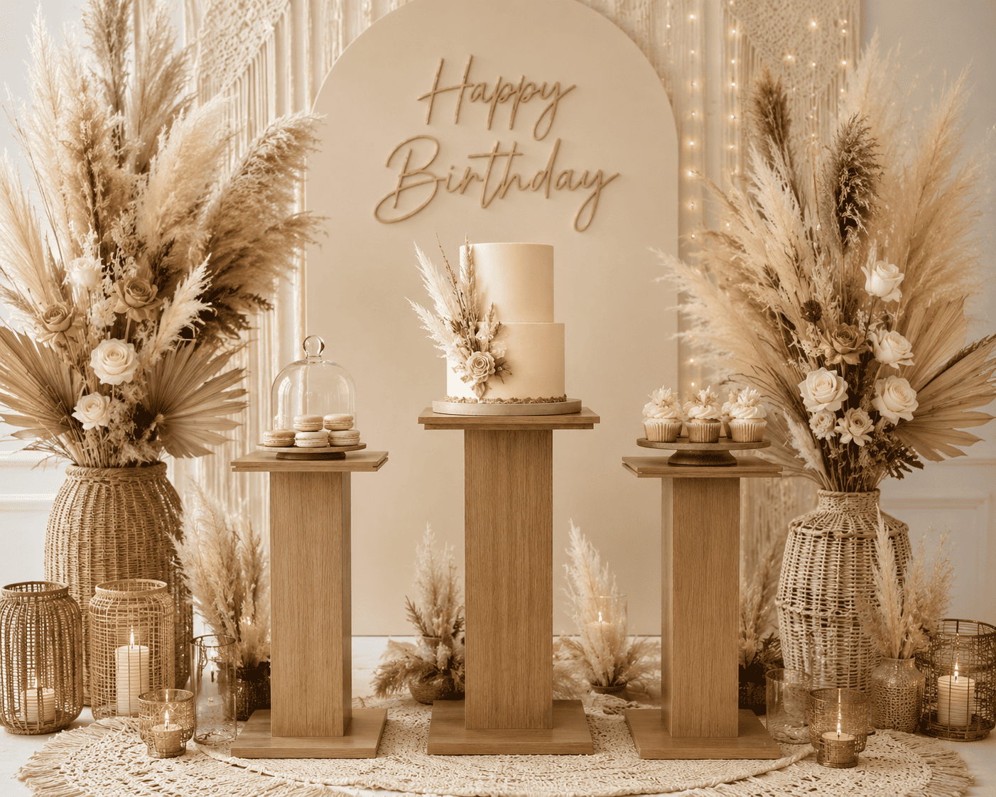 A decor setup for a birthday celebration featuring a two-tiered white cake with floral decorations, surrounded by large dried floral arrangements in baskets, candles in glass holders, and cupcakes on stands. A "Happy Birthday" sign is on the wall in the background.