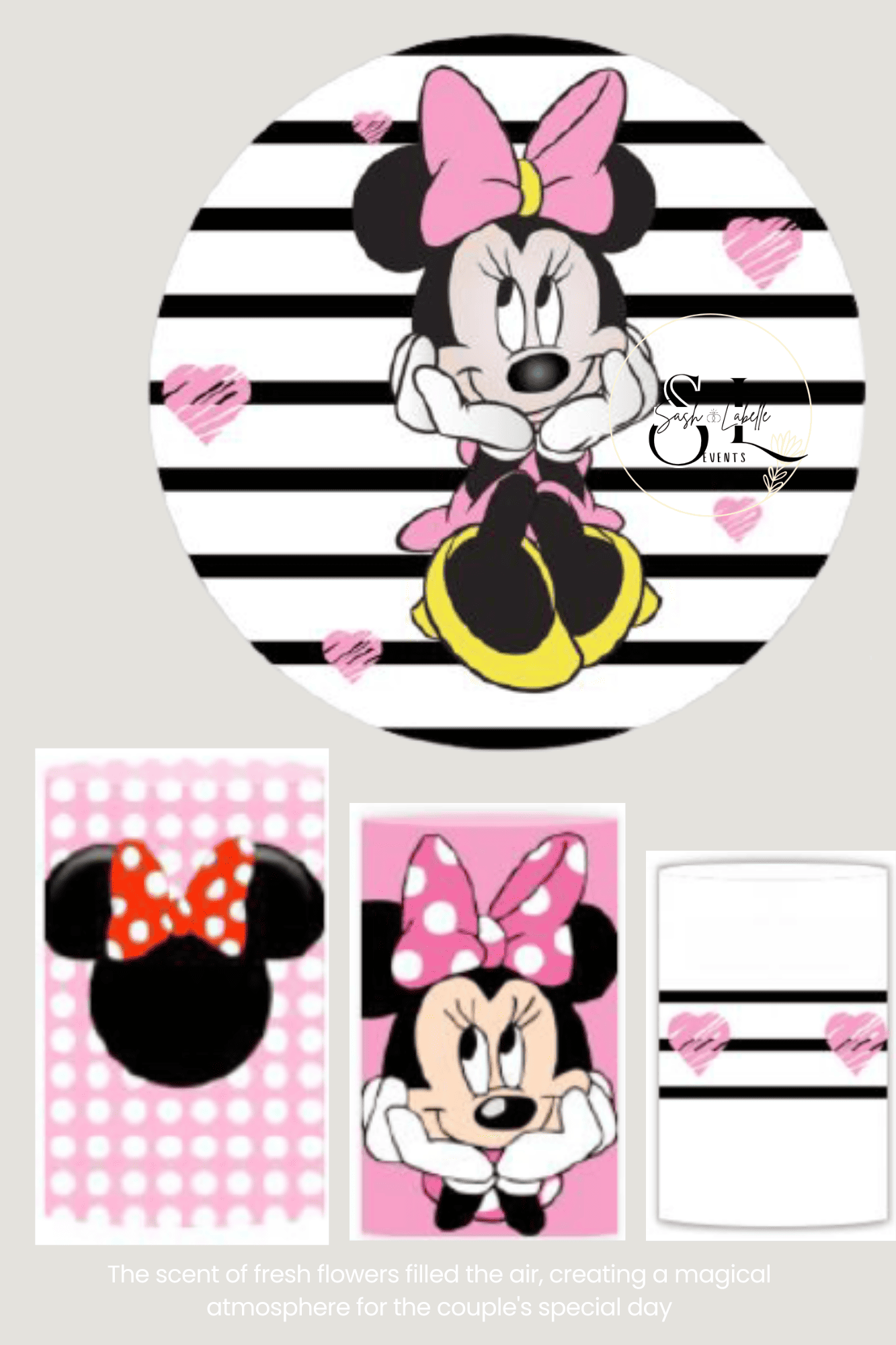 Illustration of Minnie Mouse with a large pink bow on her head, sitting with her knees up and hands on her cheeks, surrounded by pink hearts and black and white striped background.