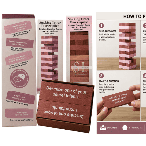 An assortment of items for a game called 'Stacking Tower Tour Empilée,' including instruction sheets, a question prompt, a secret talents card, and a stacking tower game with pink and brown blocks.