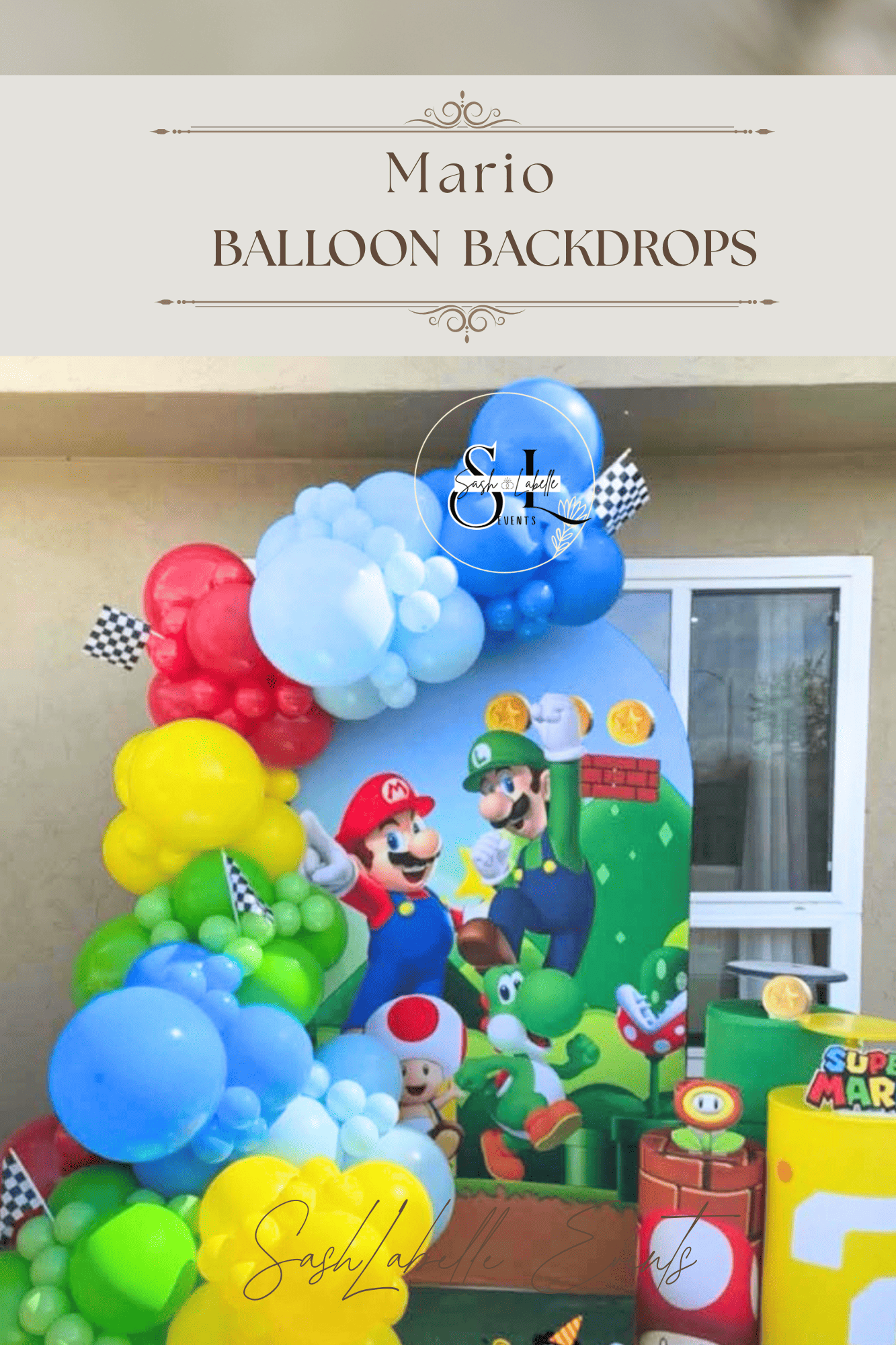 Mario themed balloon backdrop with colorful balloons and Super Mario characters, including Mario and Luigi, for a celebration event.