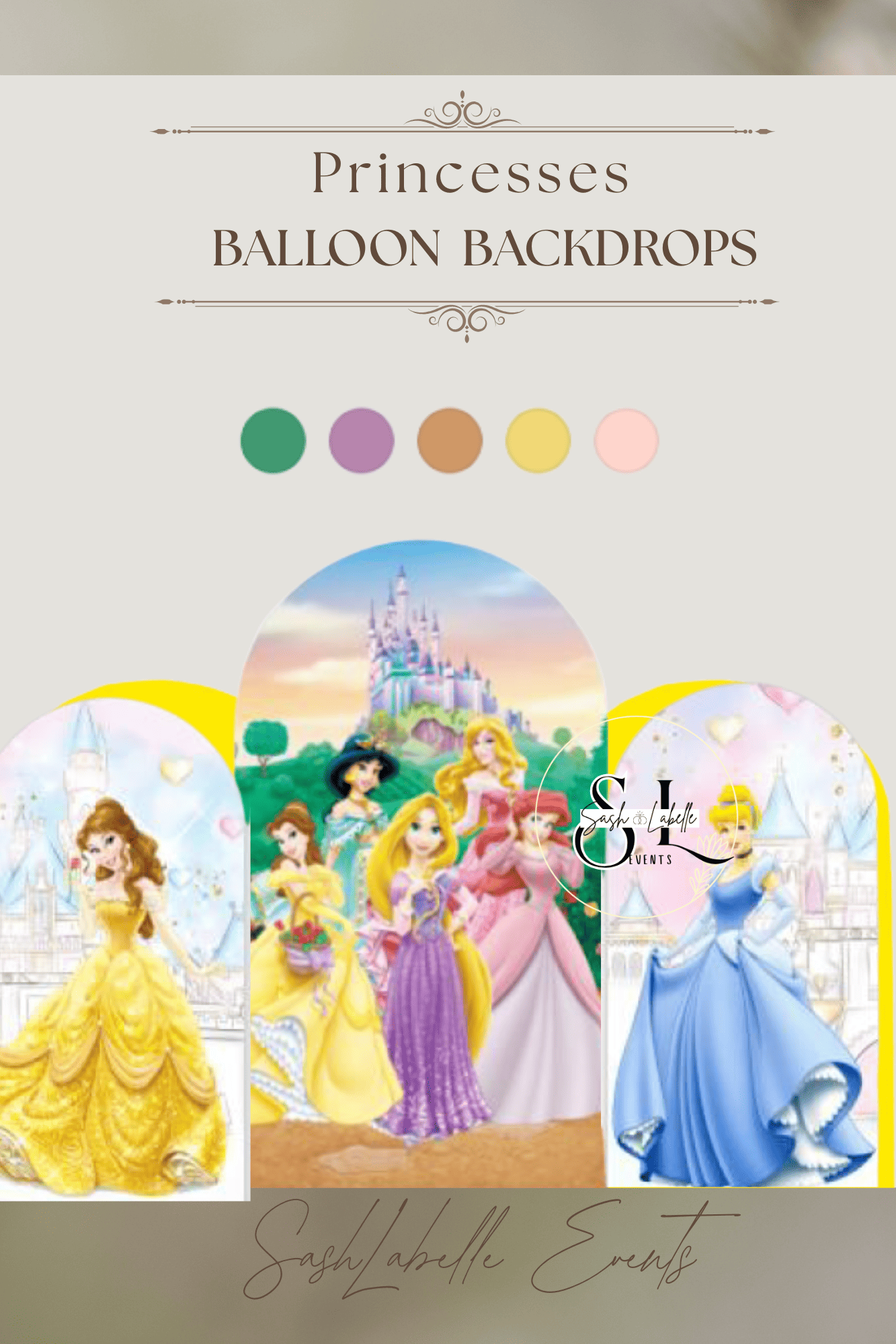 A promotional flyer for princess-themed balloon backdrops featuring Disney princesses and castle images, with five colorful balloon color options displayed.