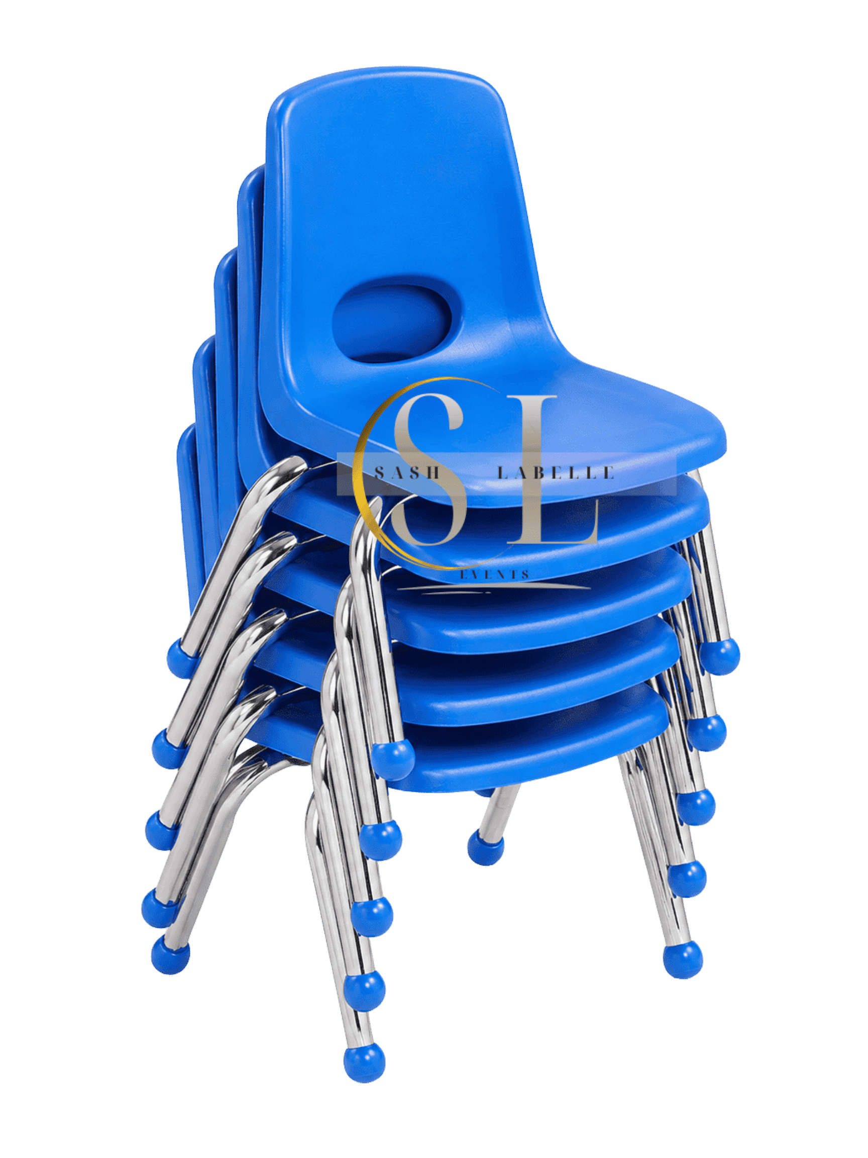 Stacked blue plastic chairs with chrome legs on a black background.