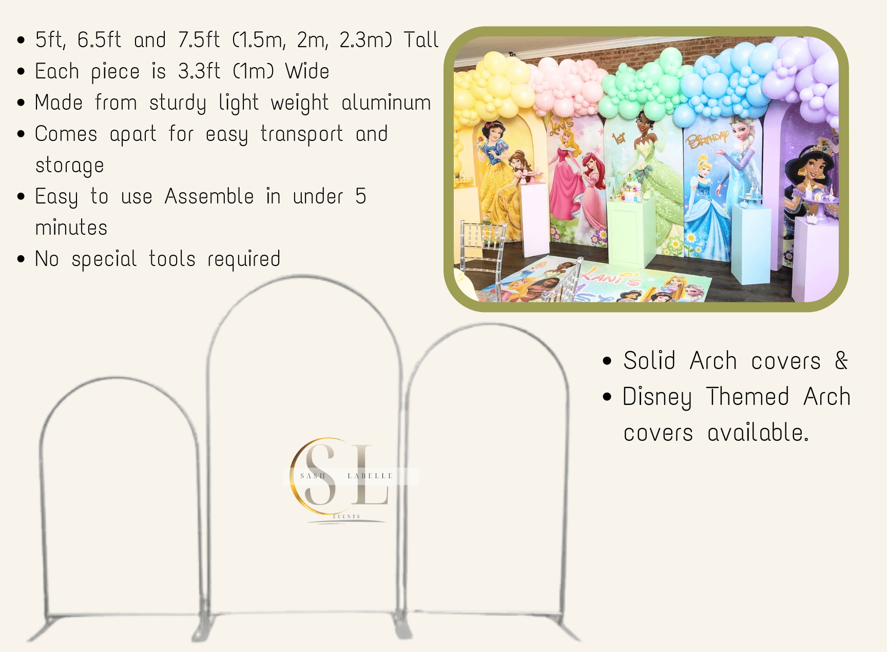 A colorful display of Disney princess-themed balloon arches with assorted pastel colors, each featuring popular princess characters such as Snow White, Rapunzel, Belle, Tiana, and others. The display includes balloon arrangements and a Disney princess-themed backdrop for party decoration.