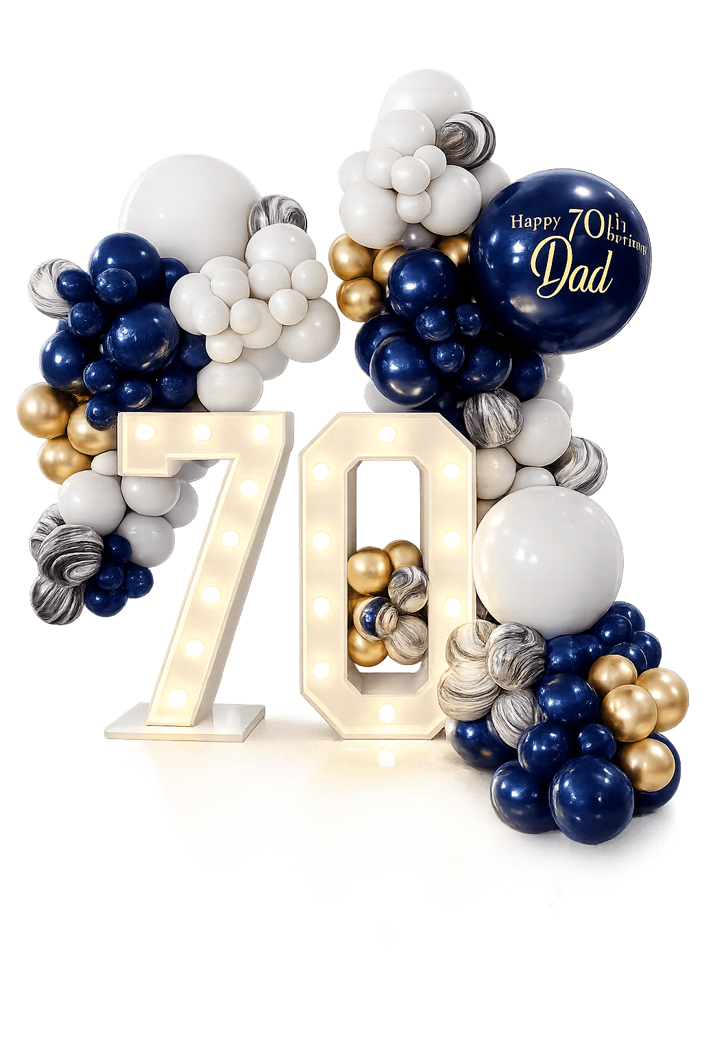 A birthday balloon arrangement for a 70th celebration featuring large illuminated number '70' and various blue, white, gold, and marbled balloons, with a large blue balloon inscribed 'Happy 70th Birthday Dad.'