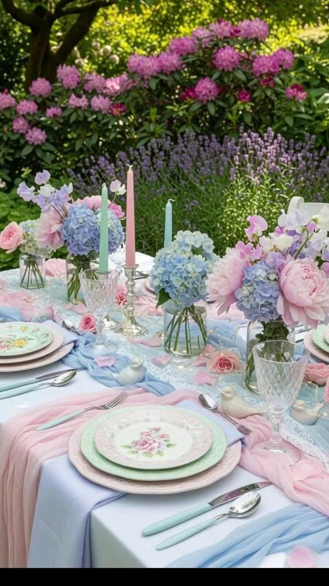 A beautifully set outdoor dining table decorated with pastel-colored flowers, including roses and hydrangeas, and tall pastel candles. The tablecloth is white with pastel pink and blue draped fabric, and the tableware includes floral plates, glasses,