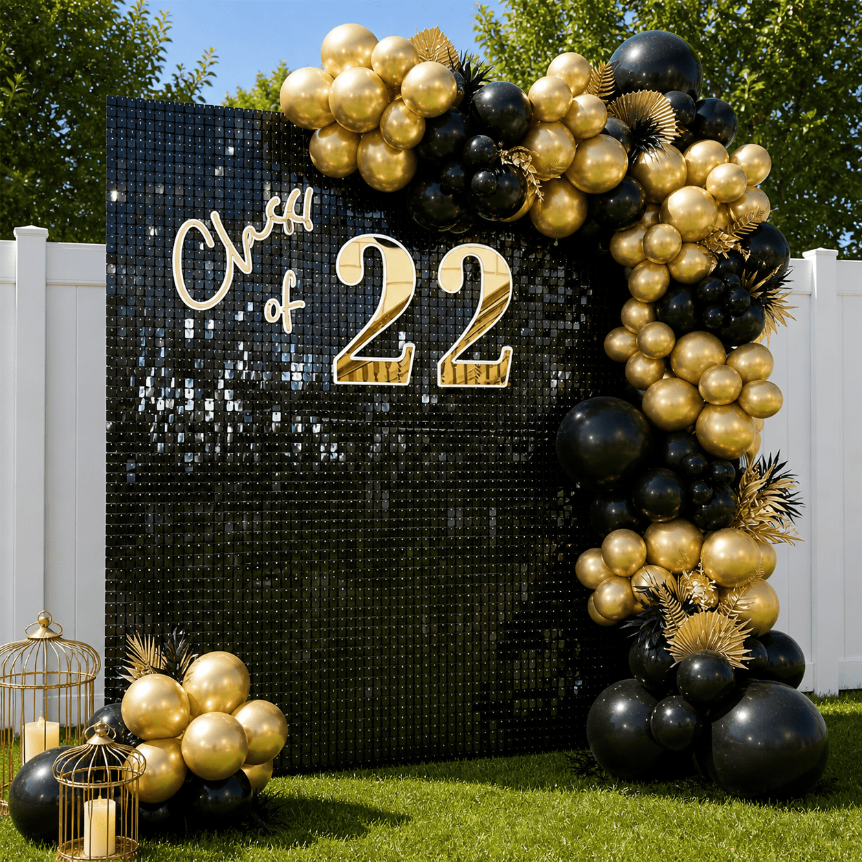 Black sequin backdrop with gold and black balloon arch and decoration, displaying 'Cher of 22' for celebration, outdoors with white fence and green trees.