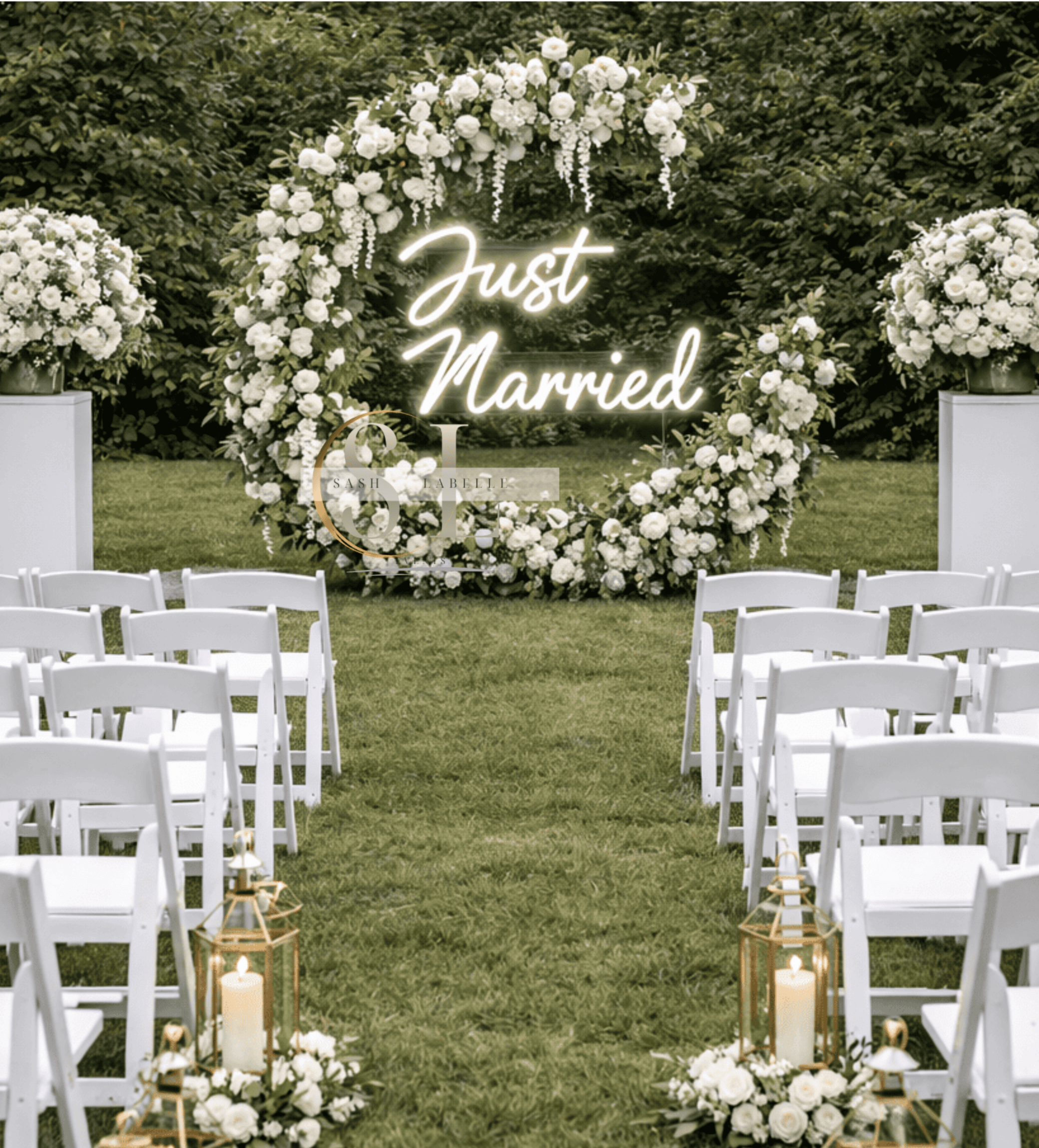 Outdoor wedding decoration with white flowers and lanterns, with a neon sign that reads "Just Married" on a floral backdrop.