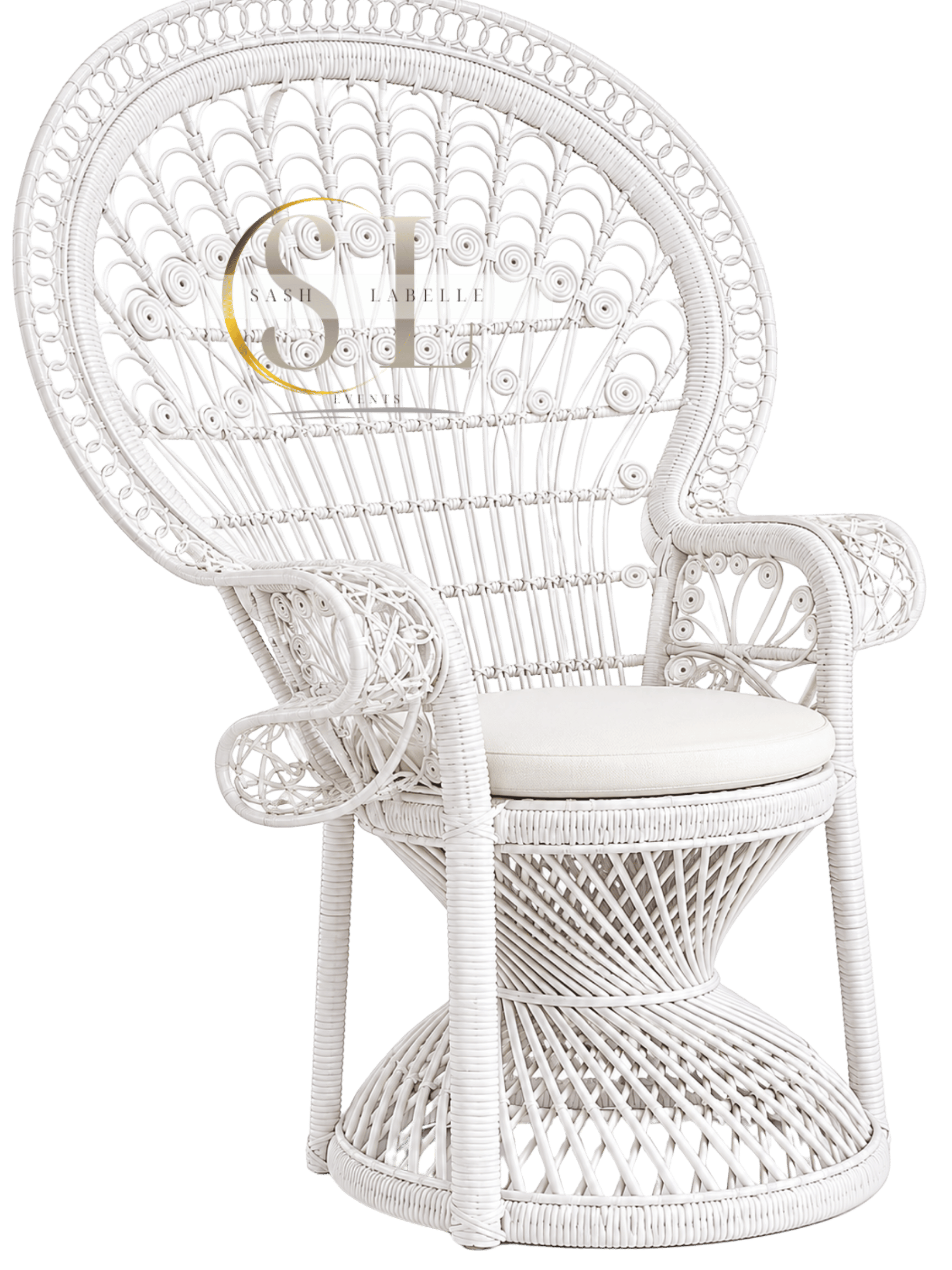 A white wicker peacock-shaped chair with an intricate woven design and a white cushioned seat.