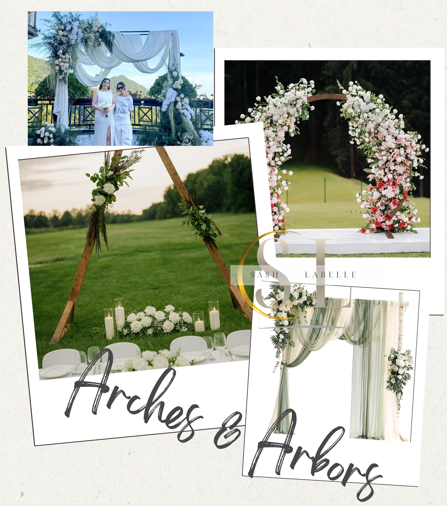 Collage of wedding decor, including a floral arch with pink and white flowers, a wooden triangular arch with greenery and white flowers, a decorated ceremony backdrop with curtains, and a table setting with flowers and candles at an outdoor wedding venue.