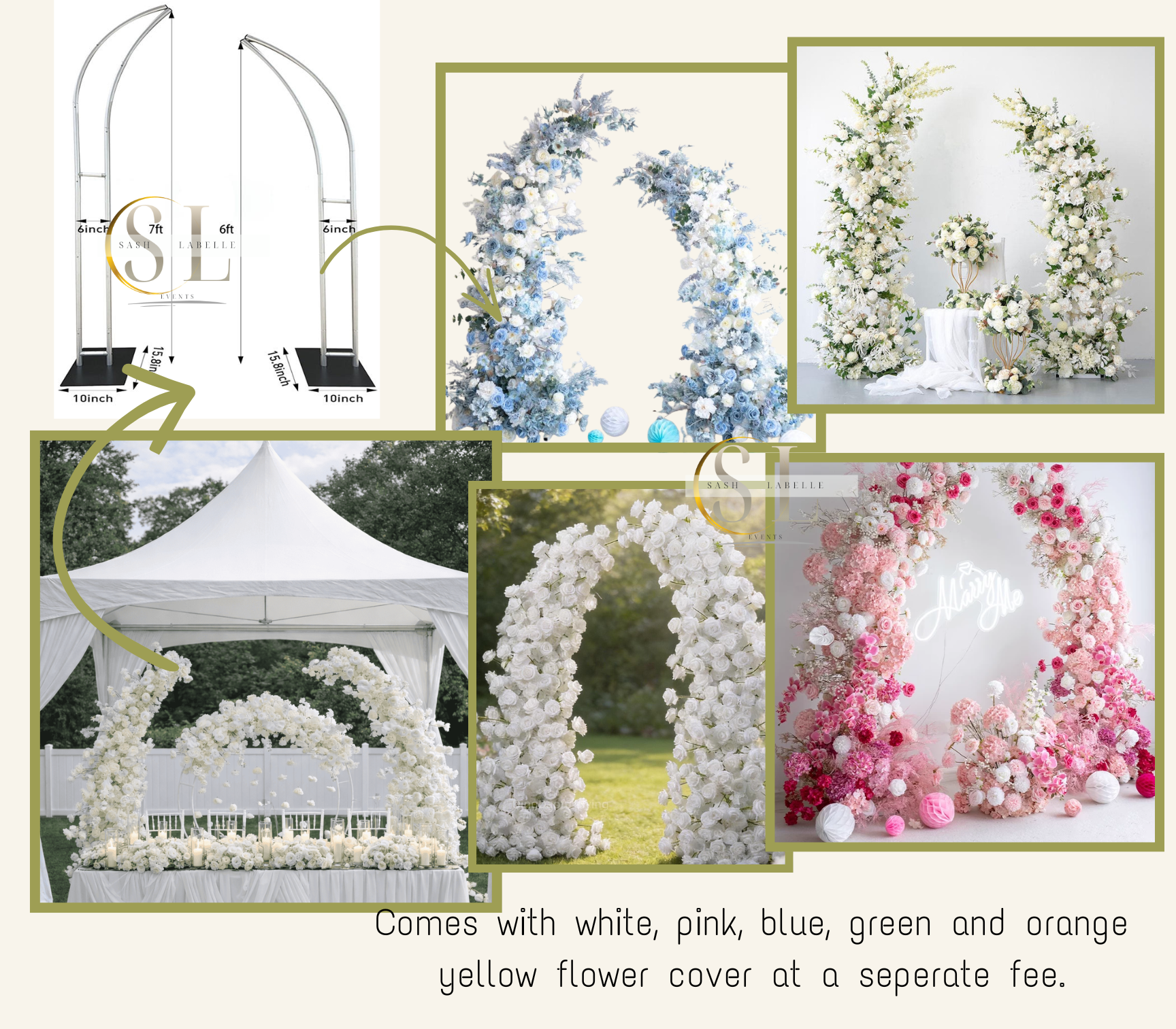 A white wedding floral arch decorated with white flowers, pink flowers, blue flowers, green foliage, and orange flowers with a neon sign that says 'Marry Me' at the bottom right.