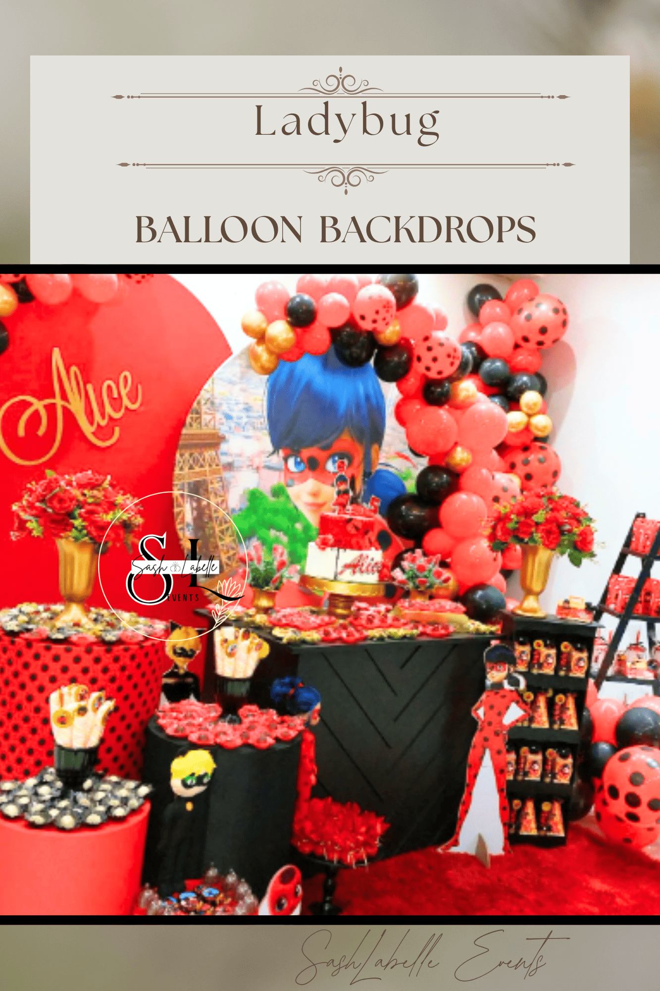 Ladybug themed balloon backdrop and table decor with red, black, and gold balloons, ladybug decorations, and a red and black color scheme for a party event.