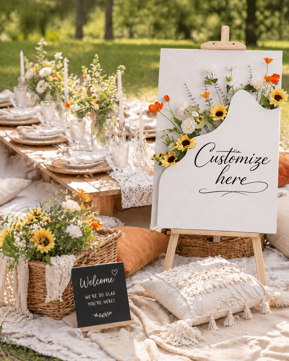 Outdoor wedding or event setup with a decorated table, floral arrangements, and a sign that says 'Customize here', featuring sunflowers and white flowers, with a welcoming sign saying 'We're so glad you're here!'