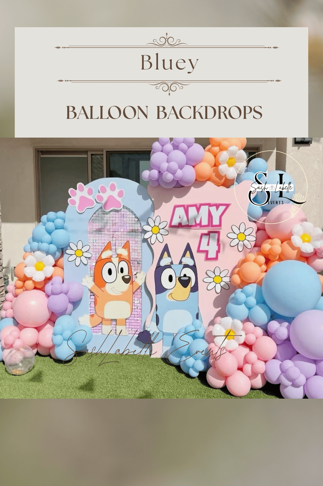 Balloon backdrop with cartoon characters of a dog and a wolf, decorated with pastel balloons, daisies, and a sign that reads "Amy 4" for a celebration