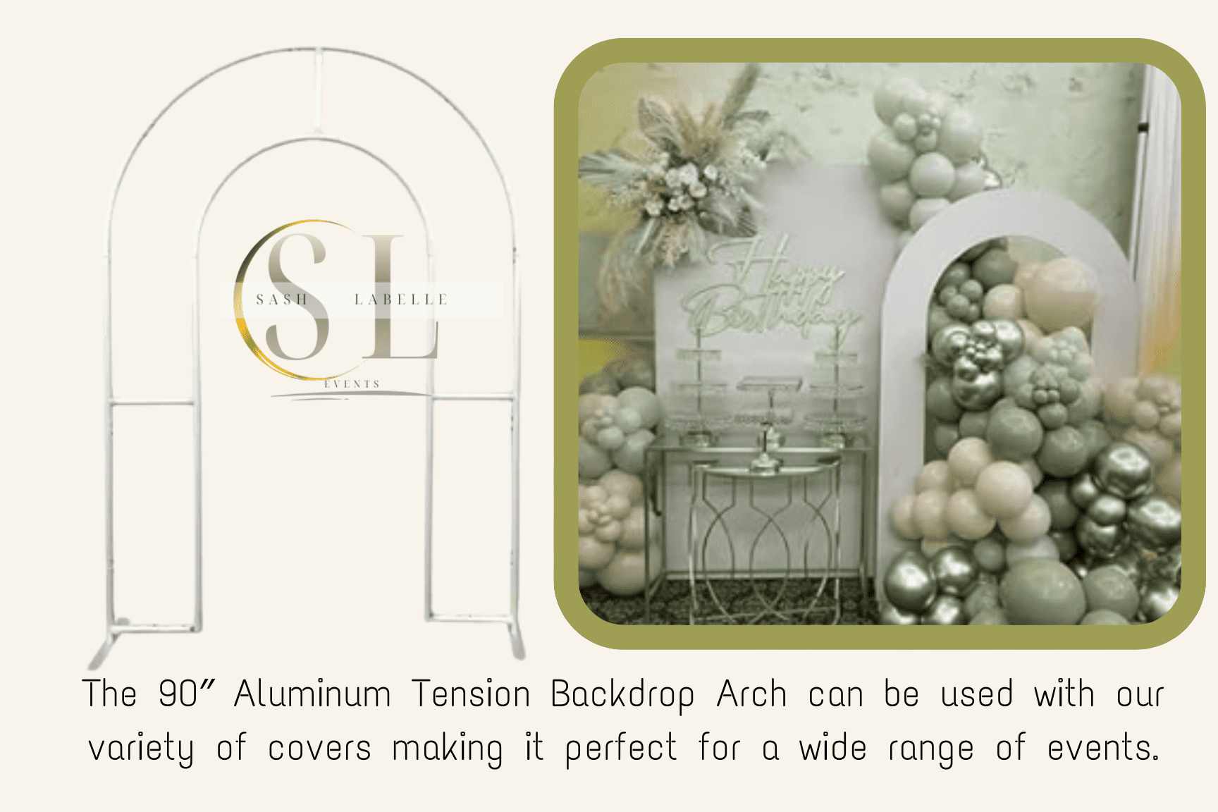 Image showing a 90-inch aluminum tension backdrop arch used for events, decorated with balloons and floral arrangements for a celebration.
