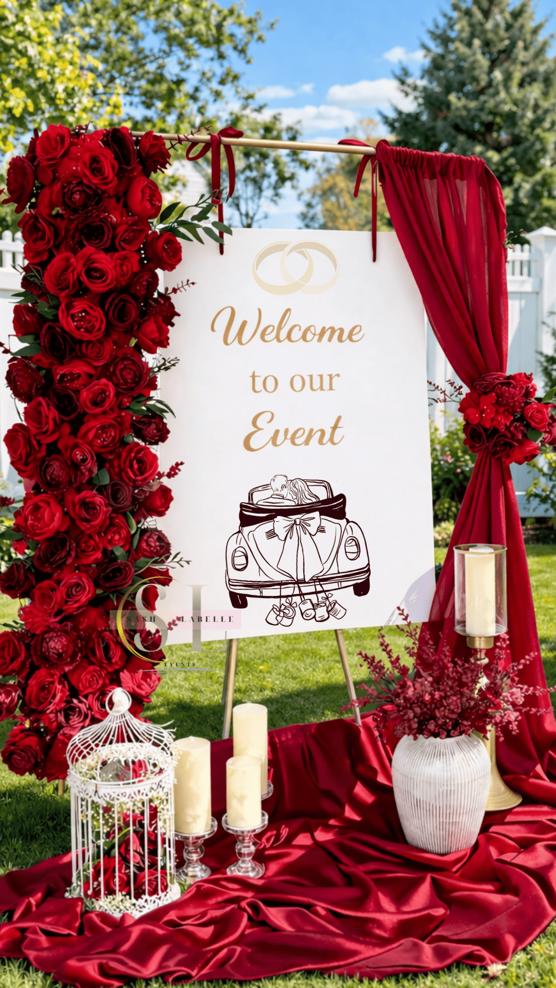 Decorative outdoor wedding or event welcome sign with red roses, candles, and a red curtain backdrop. The sign features two wedding rings and a car with a bow.