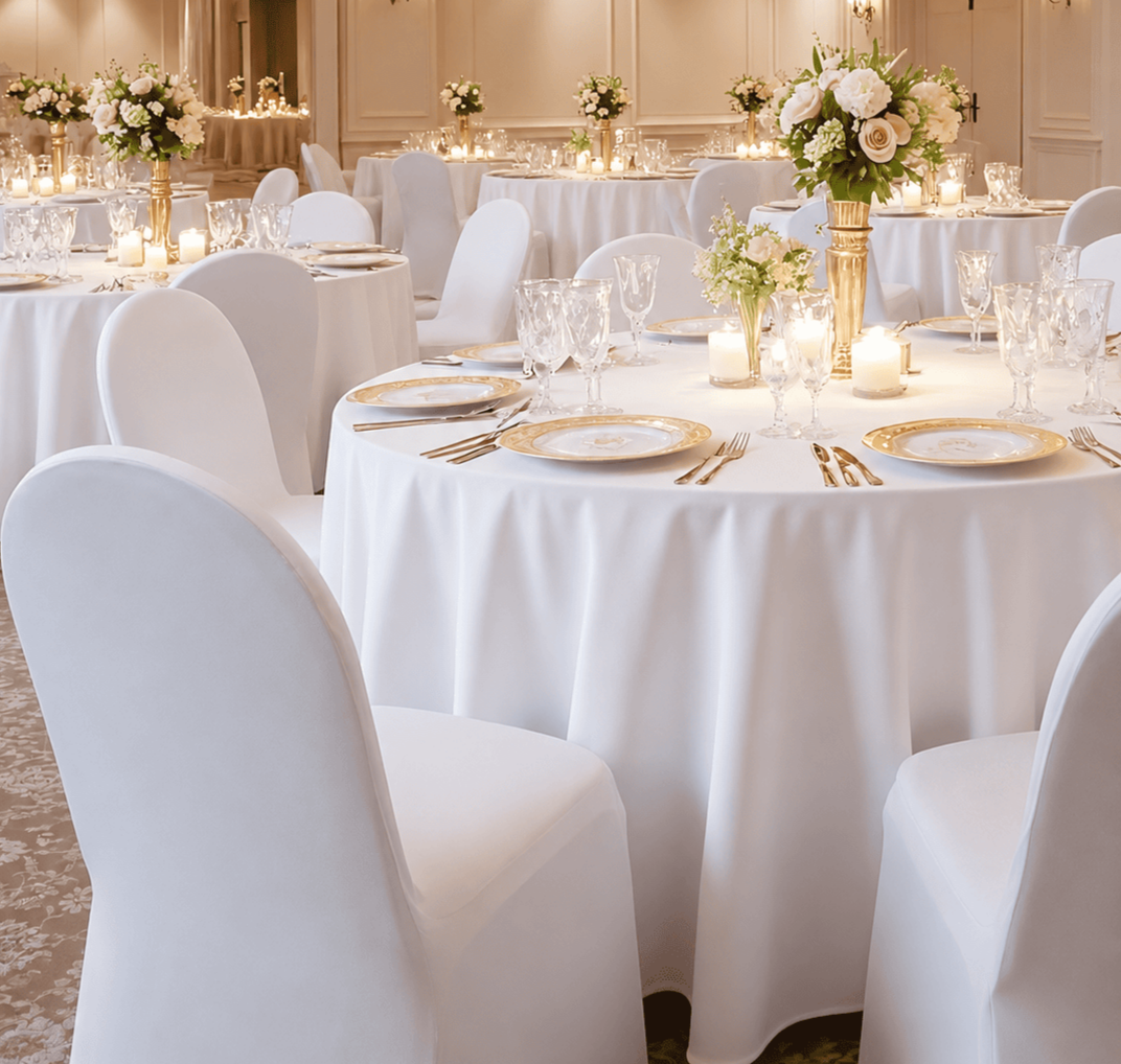 Elegant banquet hall decorated with white tablecloths, gold-rimmed plates, glassware, and floral centerpieces, set for a formal event.