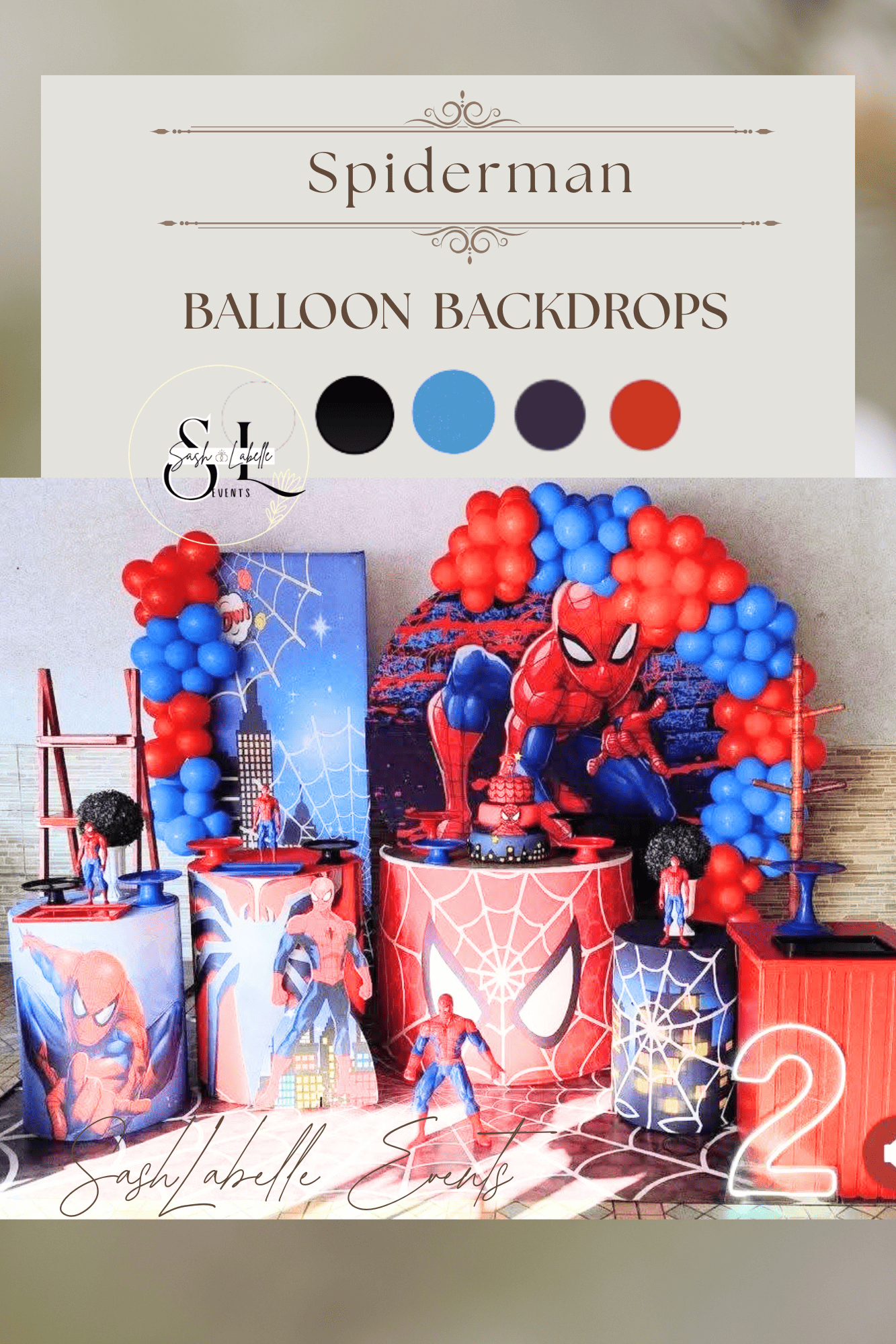 Spiderman themed birthday party decoration with balloons, banners, and cake stands featuring Spiderman images, in red, blue, and black colors.