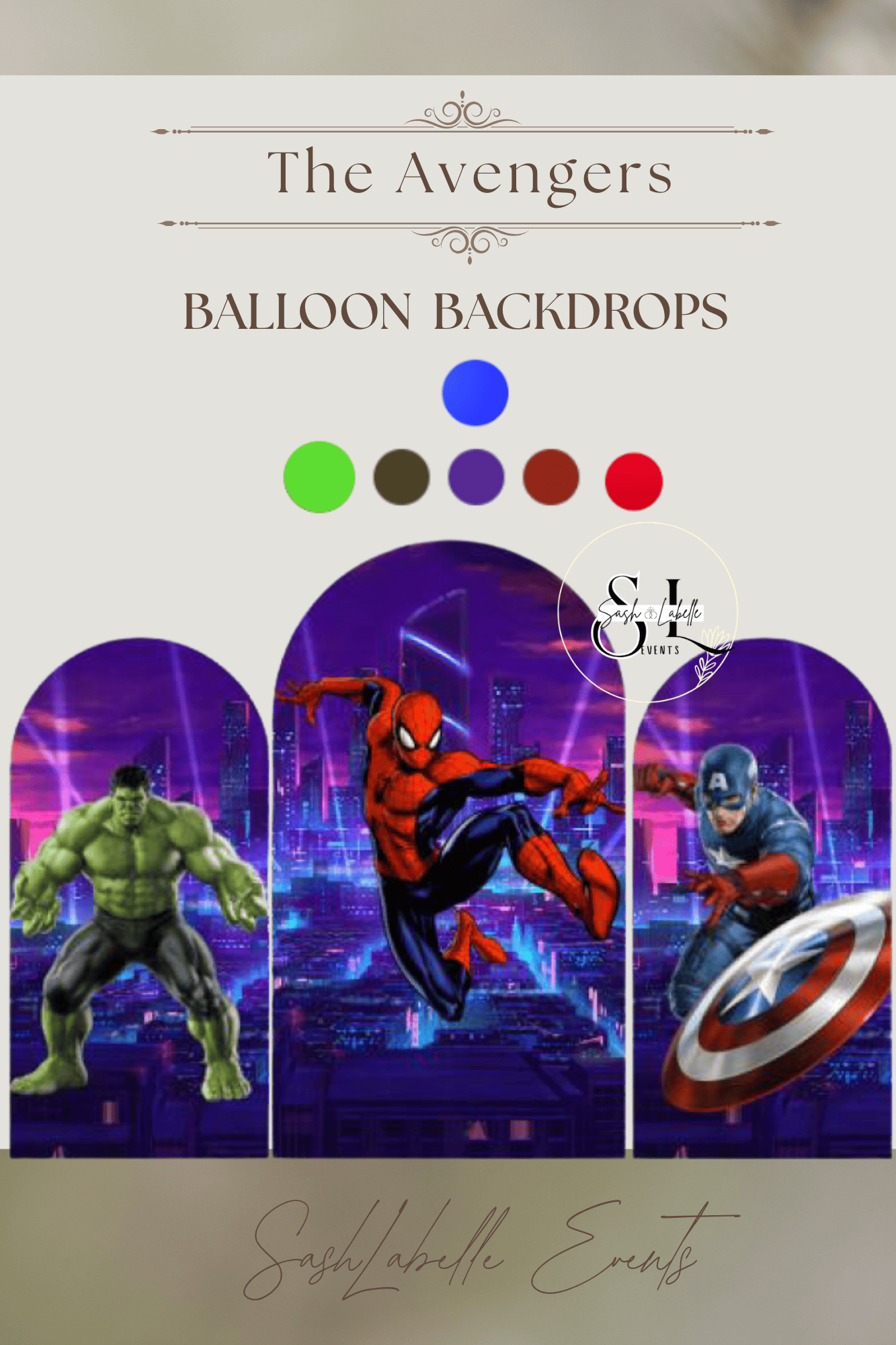 Poster advertising superhero-themed balloon backdrops featuring characters from the Avengers, including Hulk, Spider-Man, and Captain America, with a cityscape background.