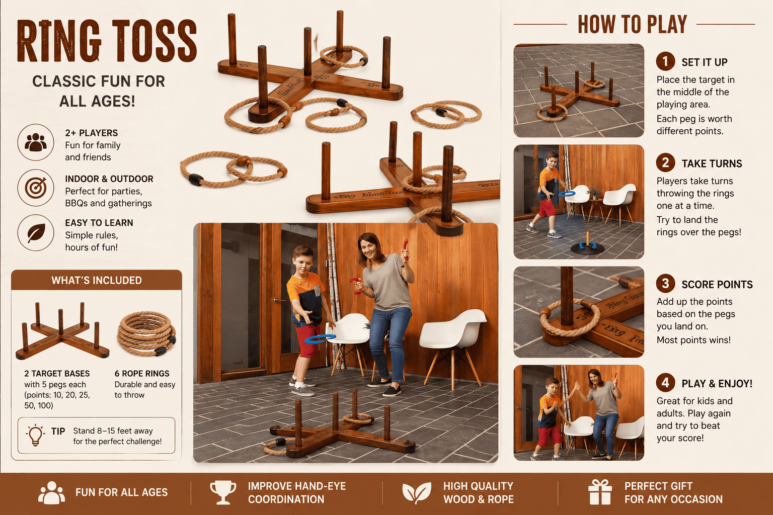 Instruction sheet for ring toss game showing setup, gameplay steps, included components, and benefits, with photos of children and a woman playing.