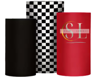 Three cylindrical object covers, black, checkered black and white, and red with a gold logo.