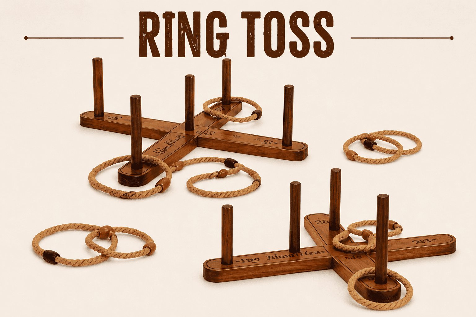 Wooden ring toss game with three rings and numbered targets on a light background.
