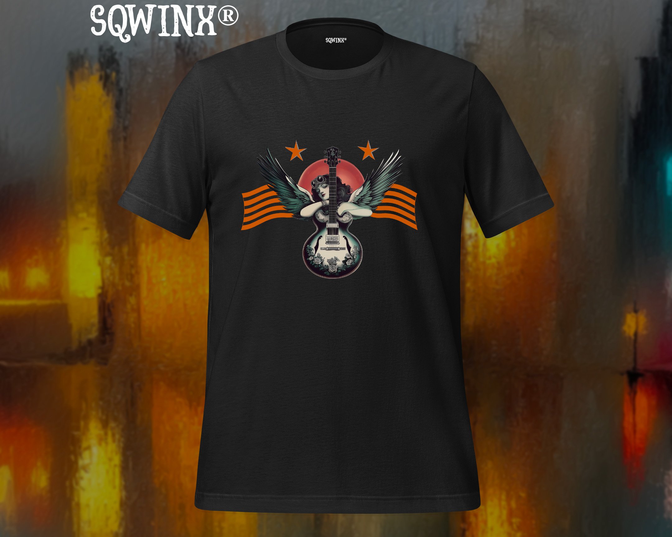 Sqwinx® black cotton T-shirt with vibrant vintage design of guitar, wings, and rising sun
