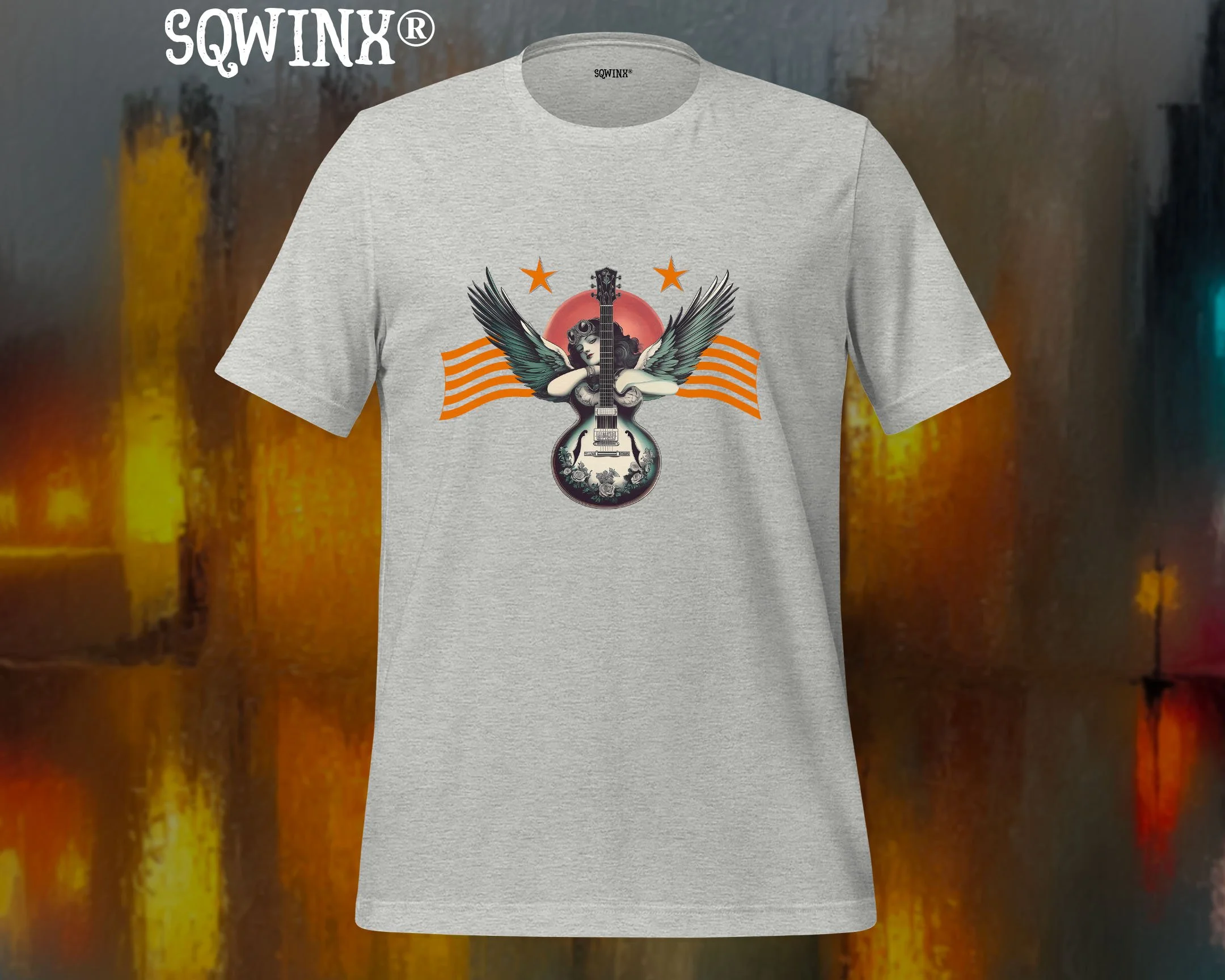 Sqwinx® athletic heather T-shirt with vibrant  design of guitar, wings, and rising sun