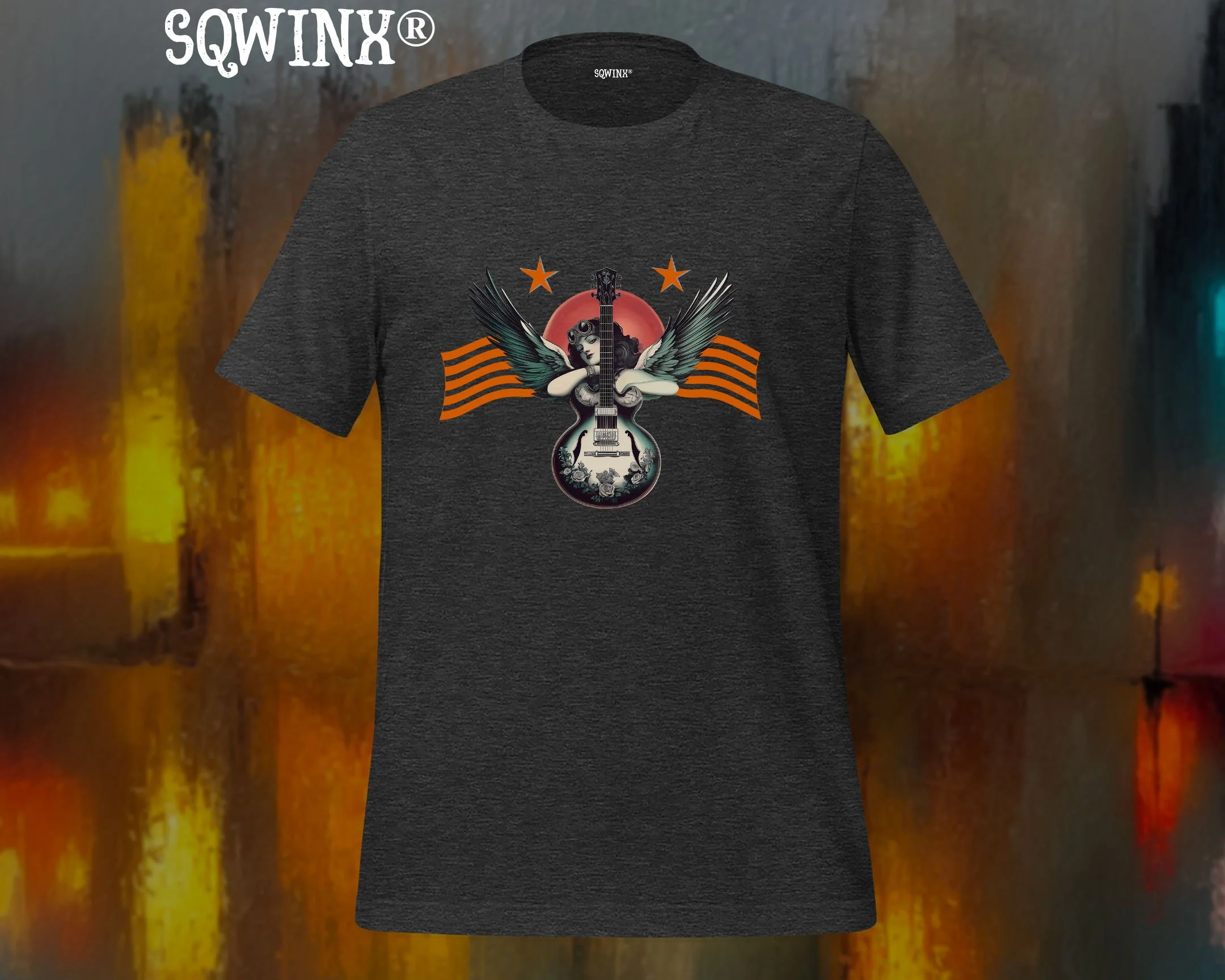 Sqwinx® dark heather grey T-shirt with vibrant vintage design of guitar, wings, and rising sun
