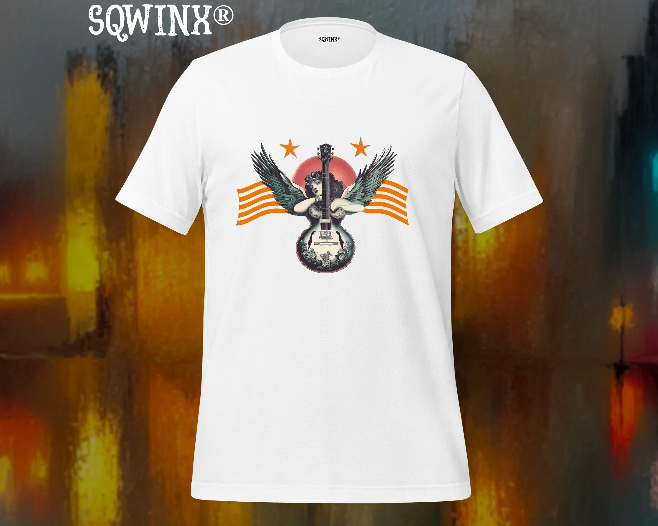 Sqwinx® white cotton T-shirt with vibrant vintage design of guitar, wings, and rising sun