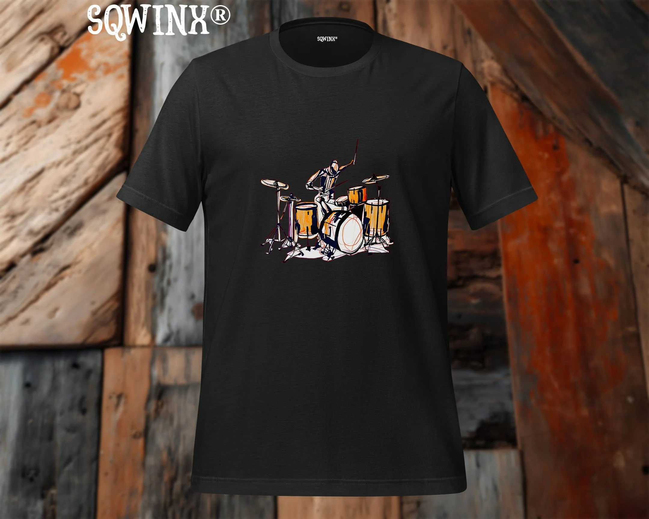 Sqwinx® Black cotton Tee, dynamic abstract drummer design