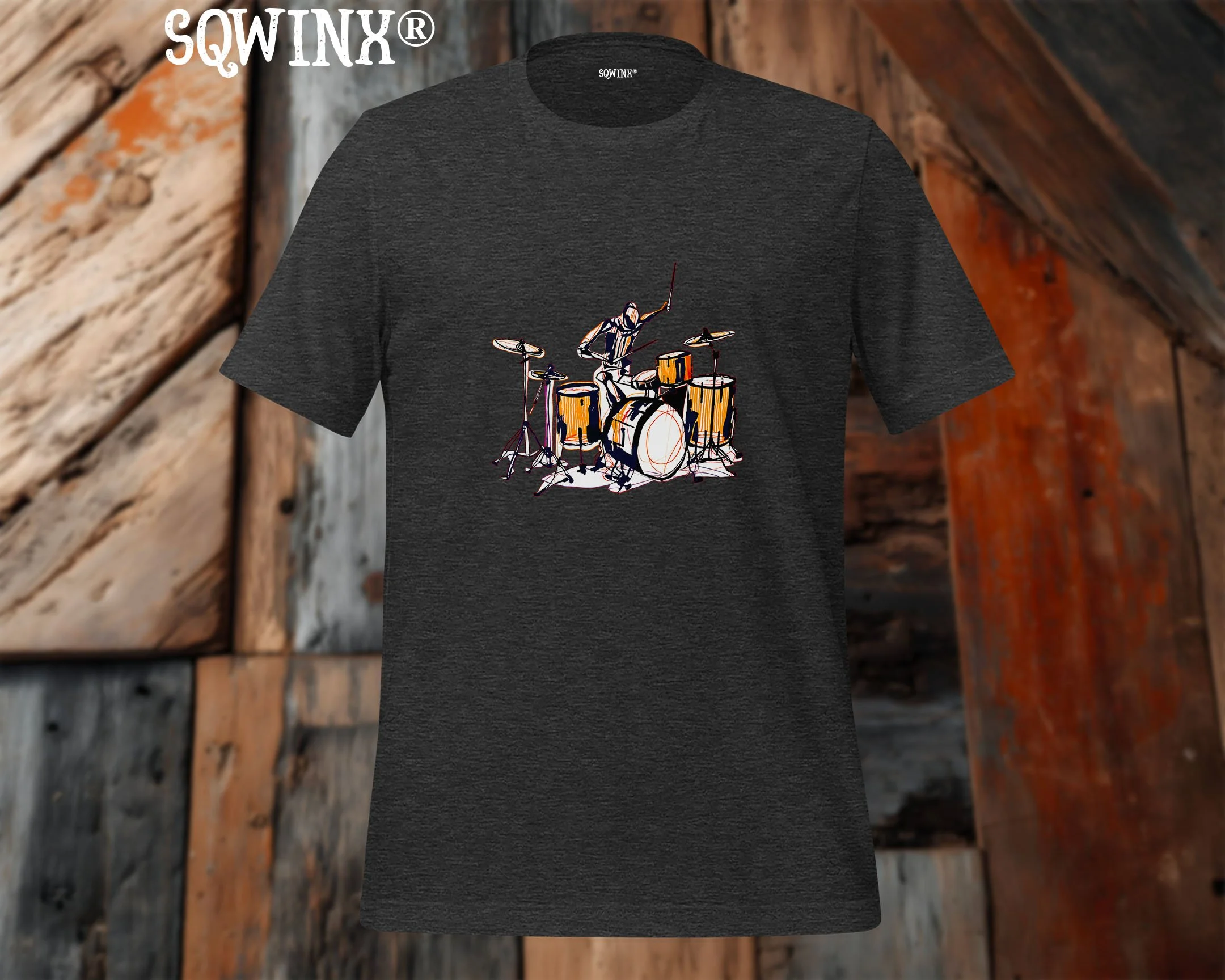 Sqwinx® Dark heather grey Tee, dynamic abstract drummer design