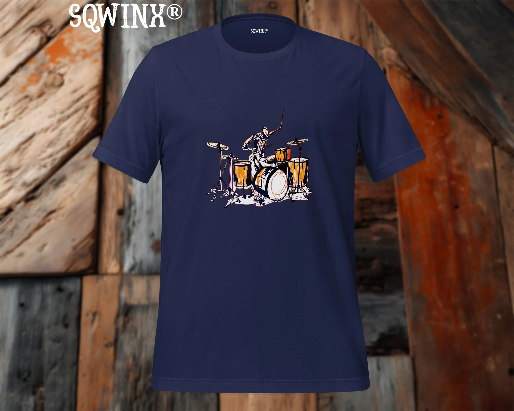 Sqwinx® Navy cotton  Tee, dynamic abstract drummer design