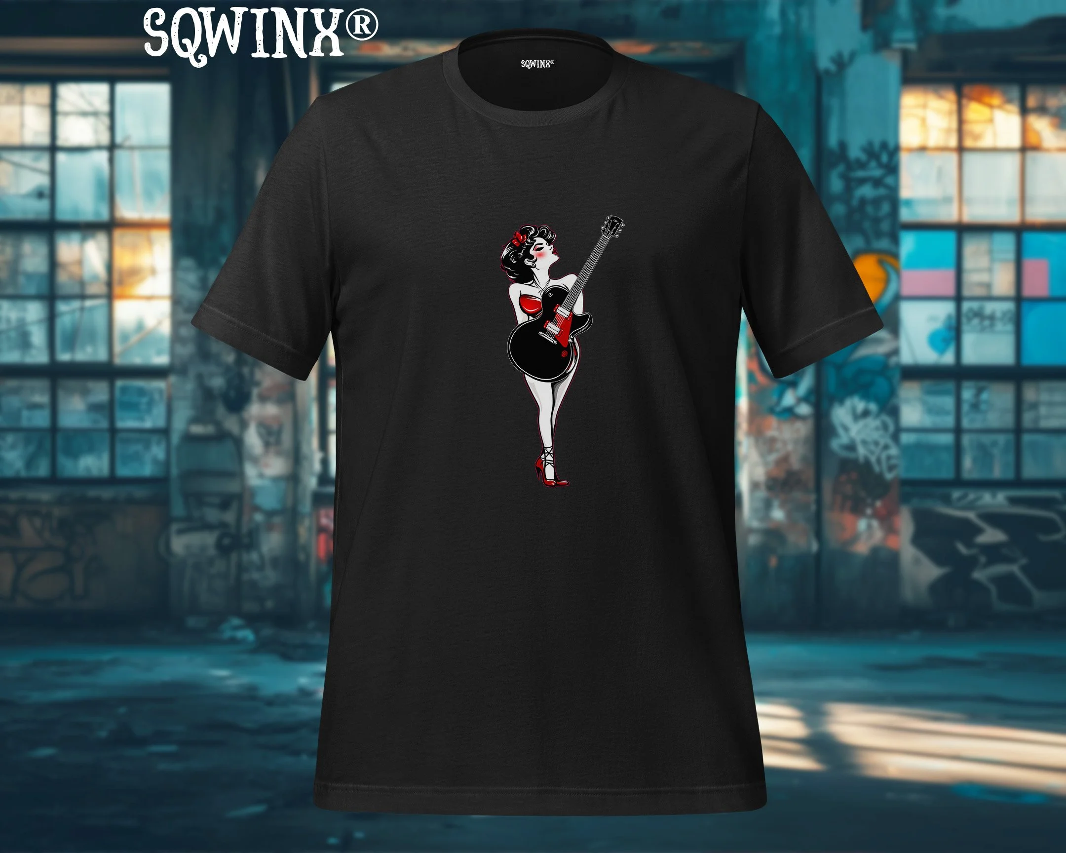 Sqwinx® Black cotton pin up gal and guitar rock n roll T-shirt