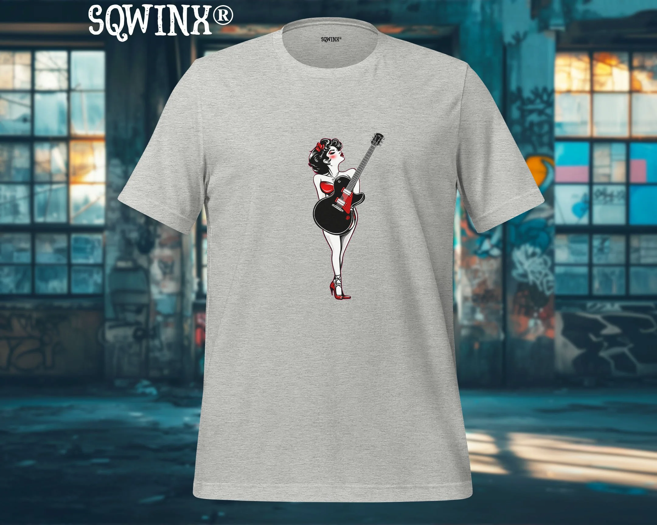 Sqwinx® Athletic Heather pin up gal and guitar rock n roll T-shirt