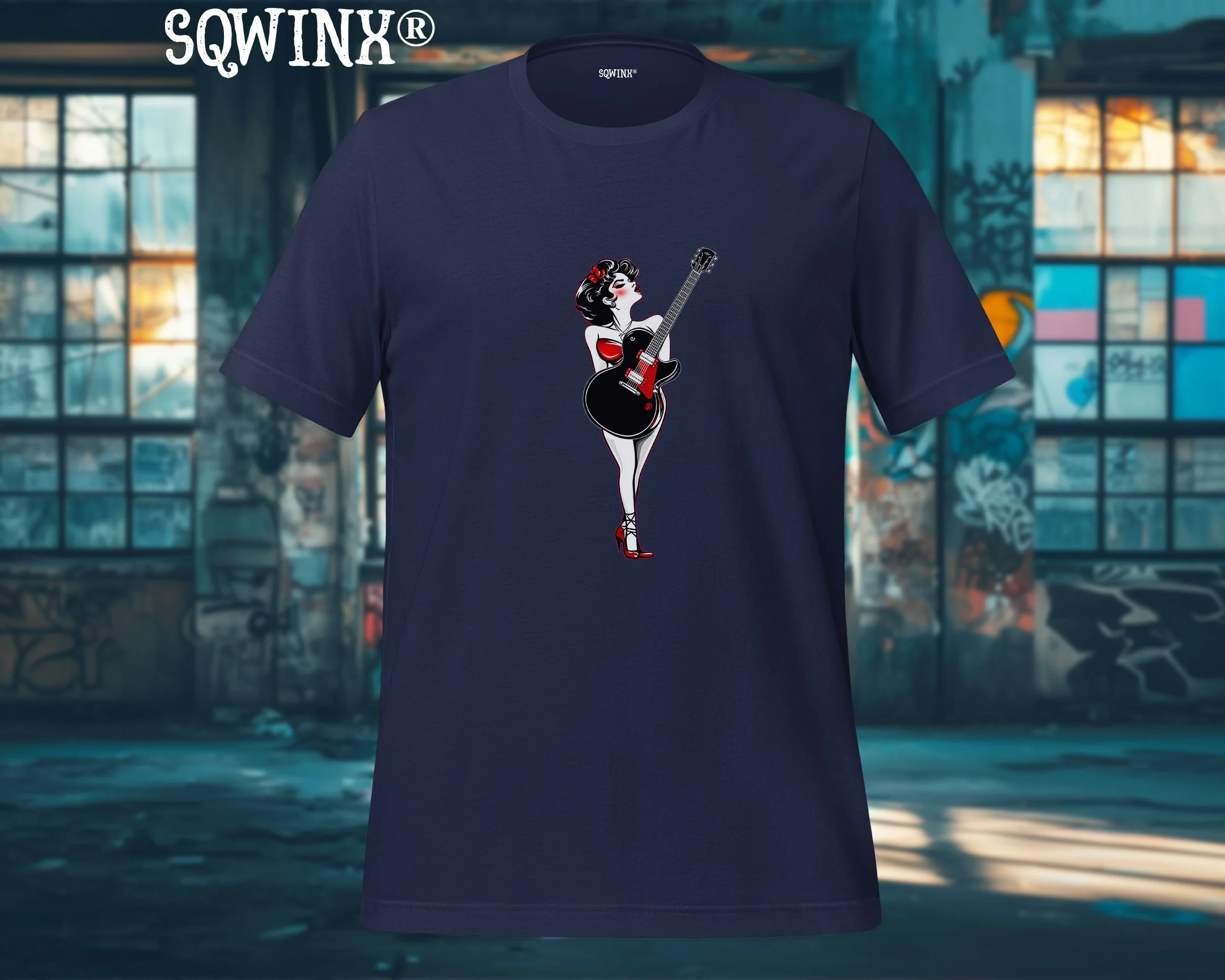 Sqwinx® Navy cotton pin up gal and guitar rock n roll T-shirt