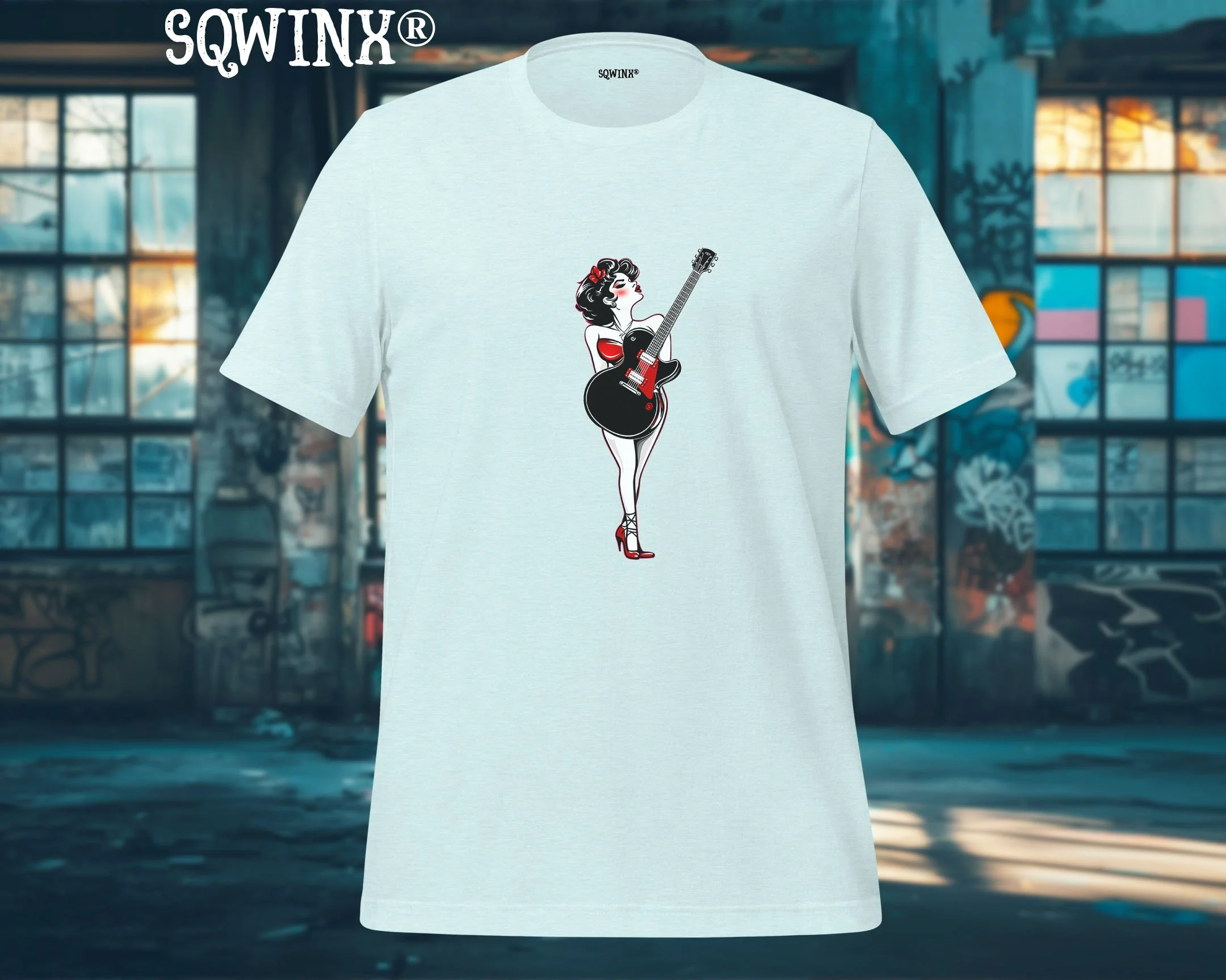 Sqwinx® Heather Ice Blue  pin up gal and guitar rock n roll T-shirt