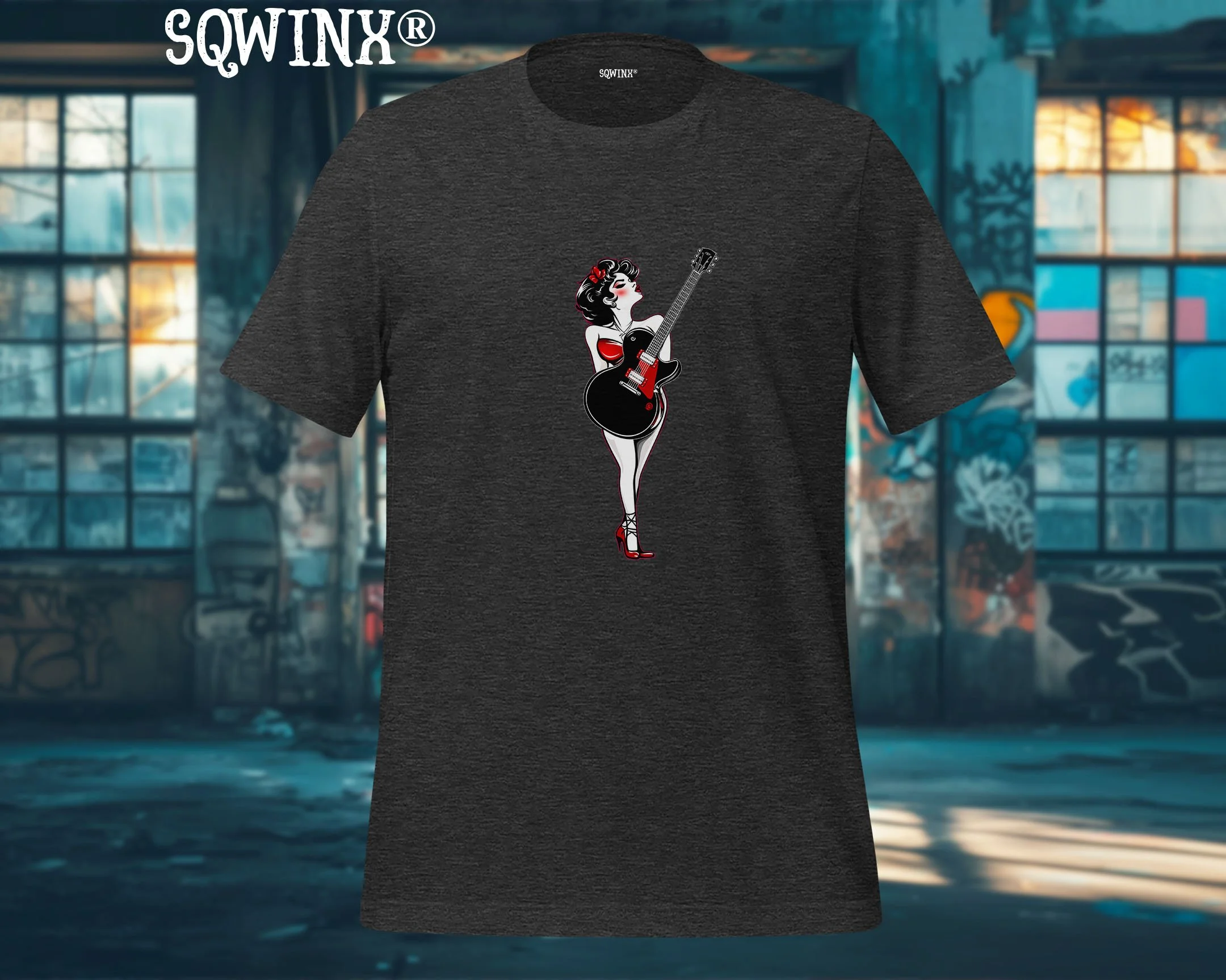 Sqwinx® Dark Heather Grey  pin up gal and guitar rock n roll T-shirt