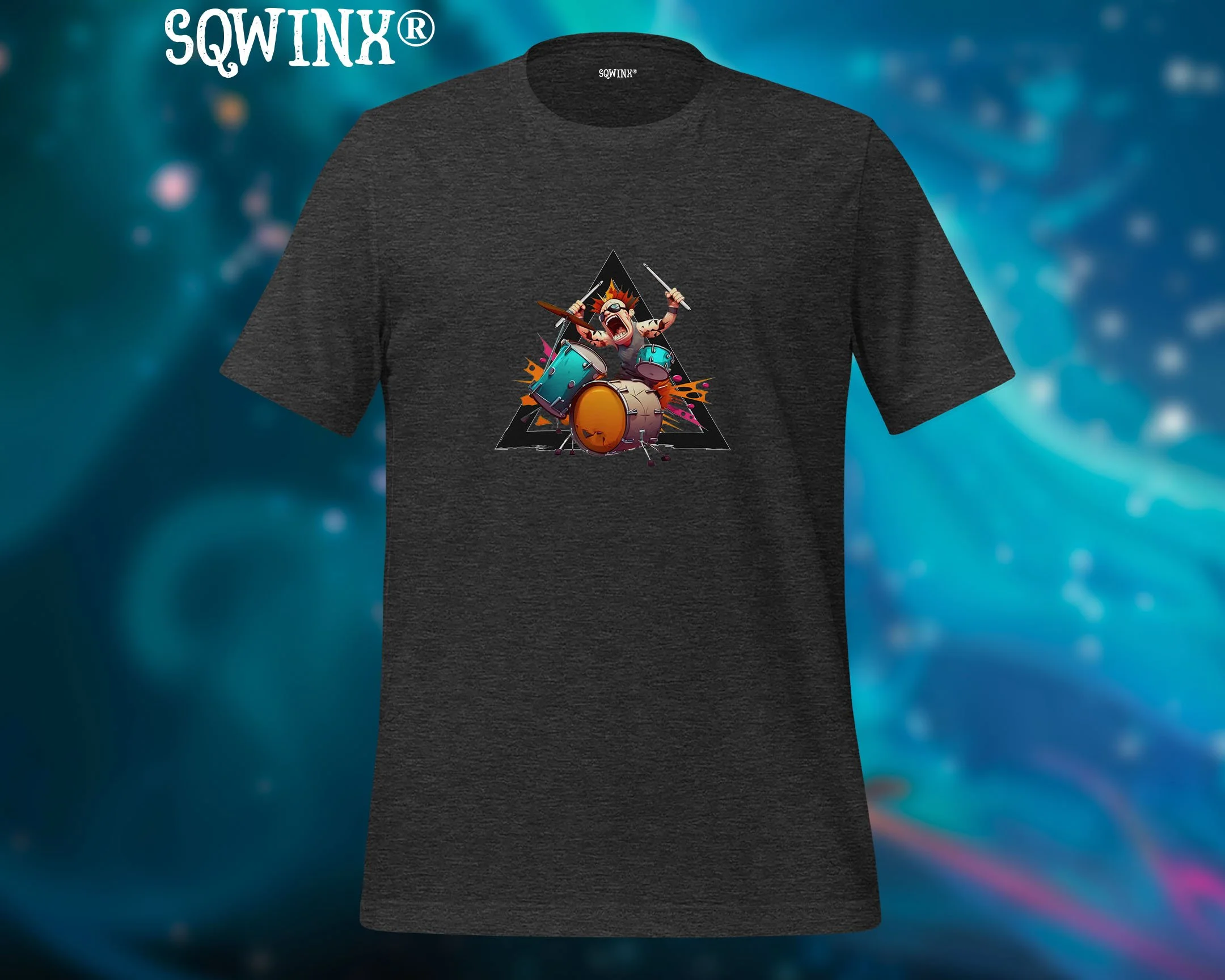 Sqwinx® Dark heather grey.  Colorful funny Drummer Tee